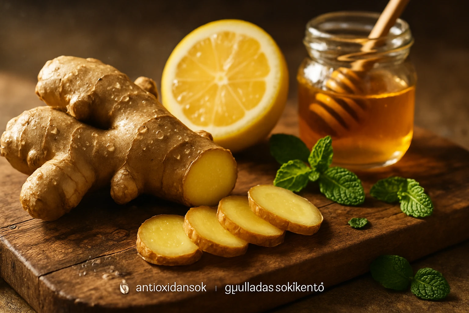 Gyömbér nyersen – miért igazi immunerősítő 2 Friss gyömbérgyökér, citrom, méz és mentalevelek egy fából készült deszkán.