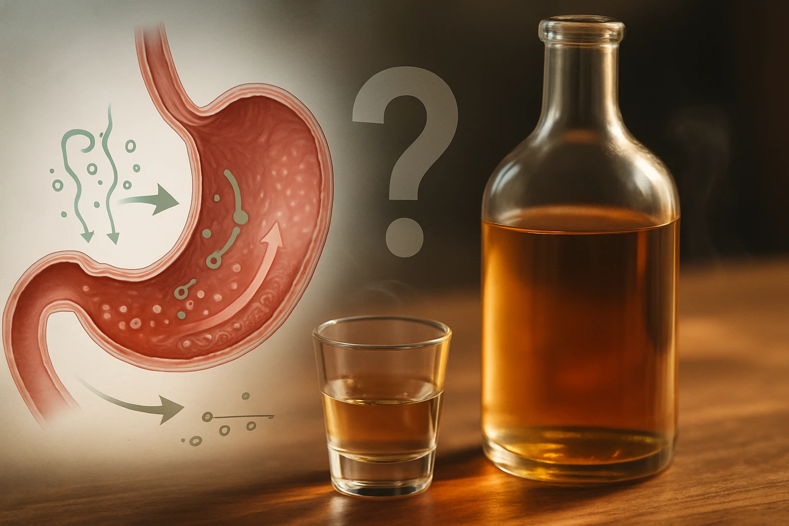 Pálinka és a gyomor: Valóban segíti az emésztést, vagy csak mítosz? 4 Egy üveg és egy pohár ital mellett egy gyomor illusztráció látható.