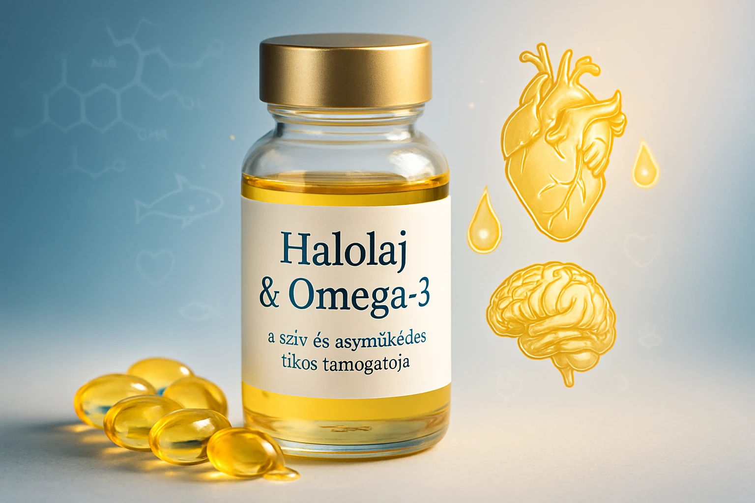 Halolaj és omega-3 – a szív- és agyműködés titkos támogatója 2 Egy üveg halolaj, mellette omega-3 kapszulák és szív, agy ikonok.