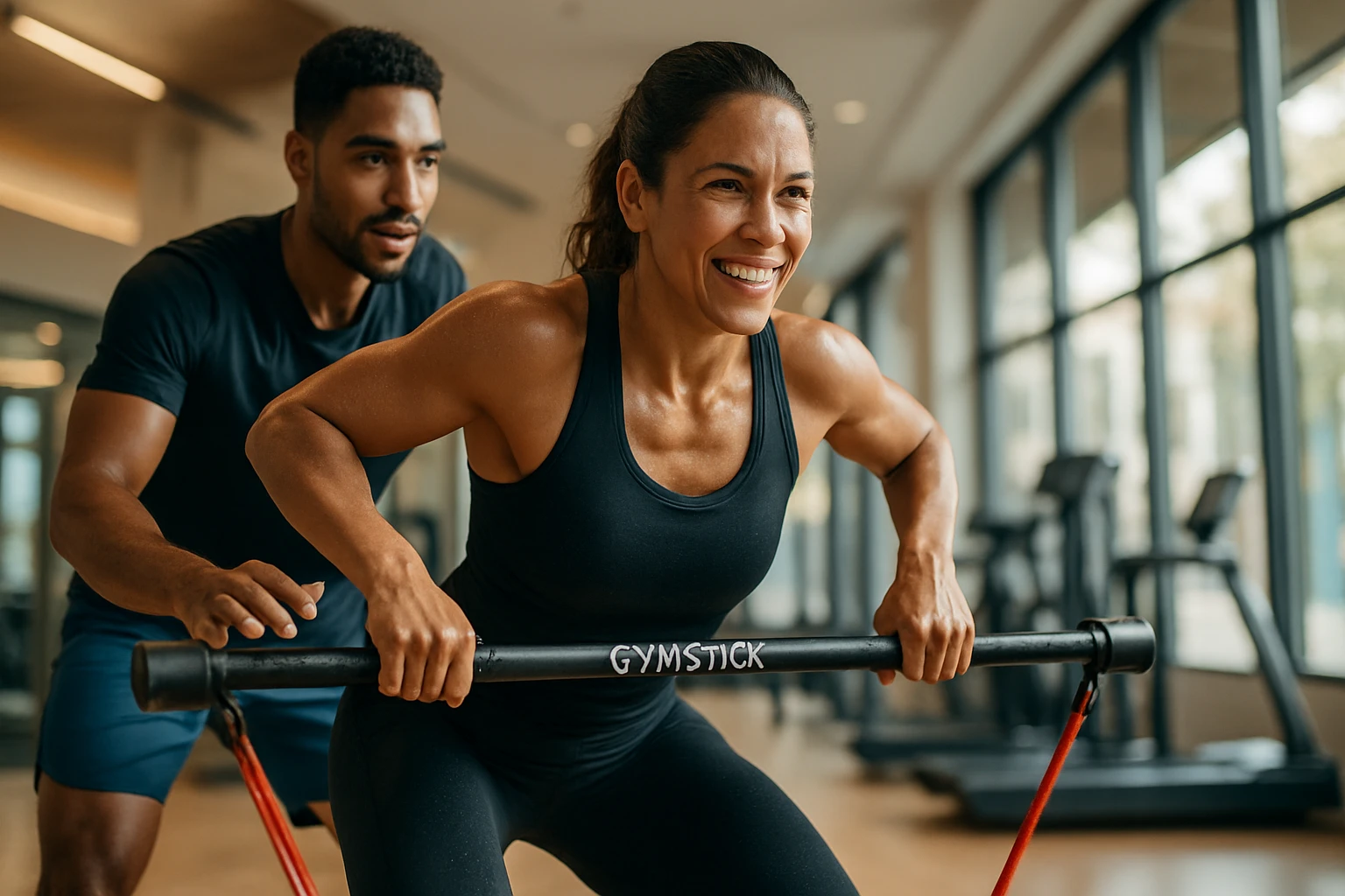 Egy nő edz egy gymstick segítségével, miközben egy férfi segít neki.