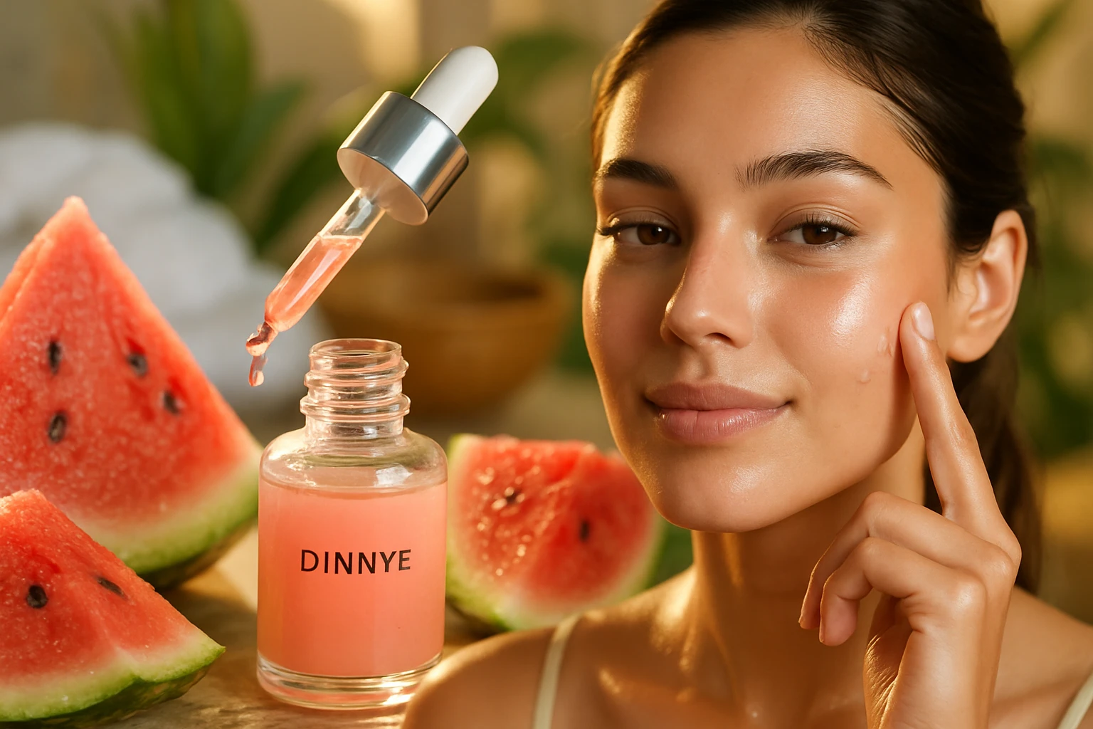 Egy fiatal nő az arcán hidratáló szérummal, mellette görögdinnye szeletek.