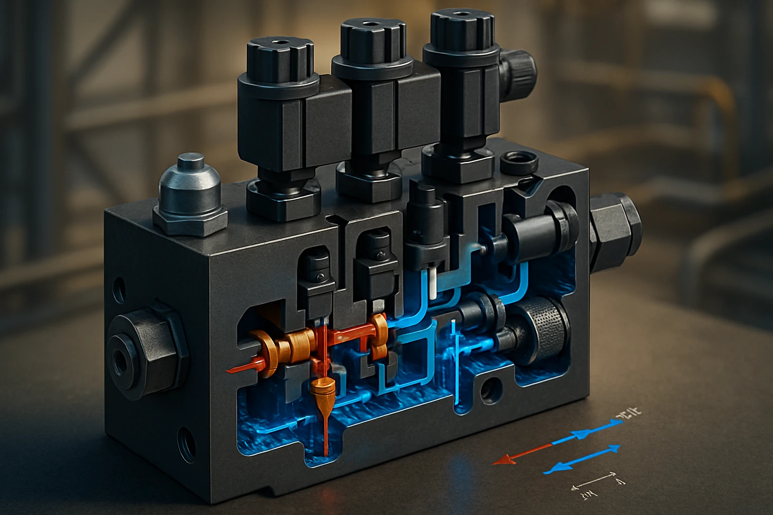 Hidraulikus vezérlőtömbök: Működésük és szerepük az ipari rendszerekben 35 Egy hidraulikus szelep belső szerkezete, átlátszó részekkel és színes folyadék áramlással.