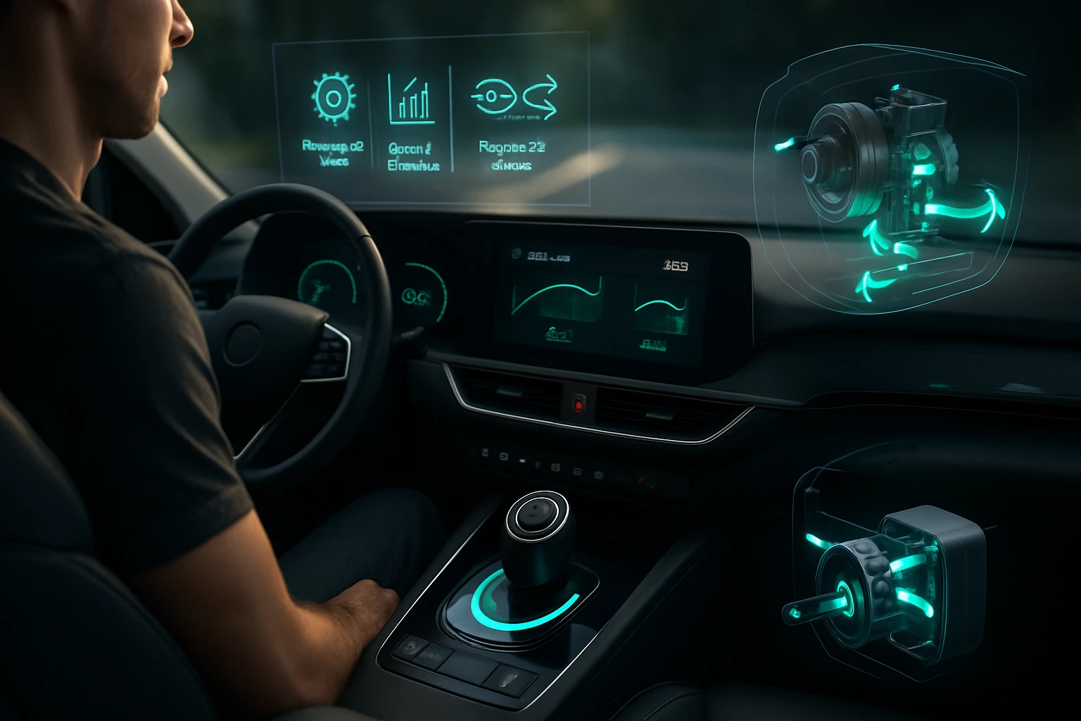 Smart váltó: Hogyan teszi kényelmesebbé és hatékonyabbá a vezetést? 2 Egy autó belső terében egy férfi ül, a műszerfal holografikus kijelzője látható.