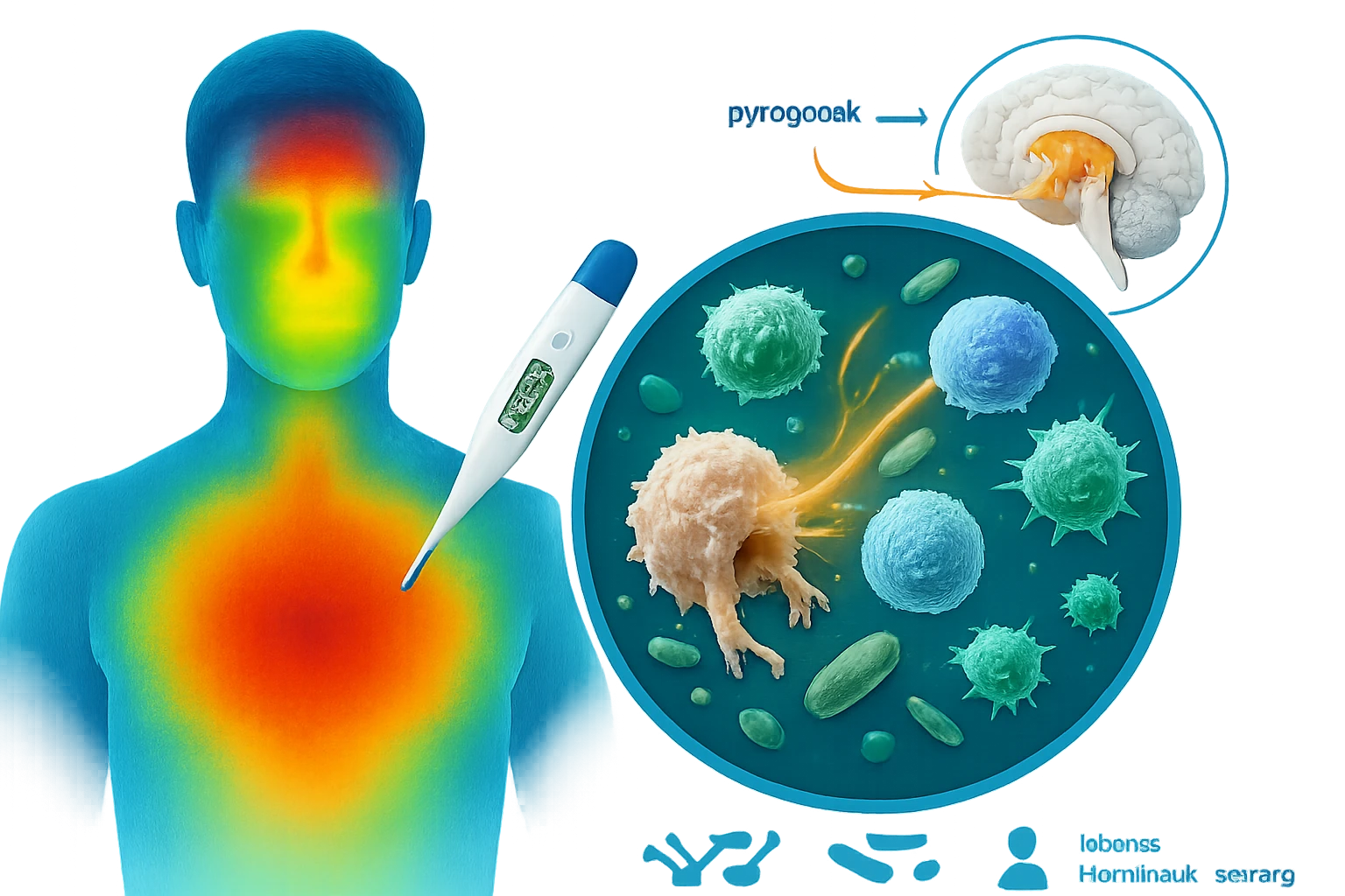 Egy emberi test hőmérséklet-eloszlását bemutató grafika, lázmérővel.