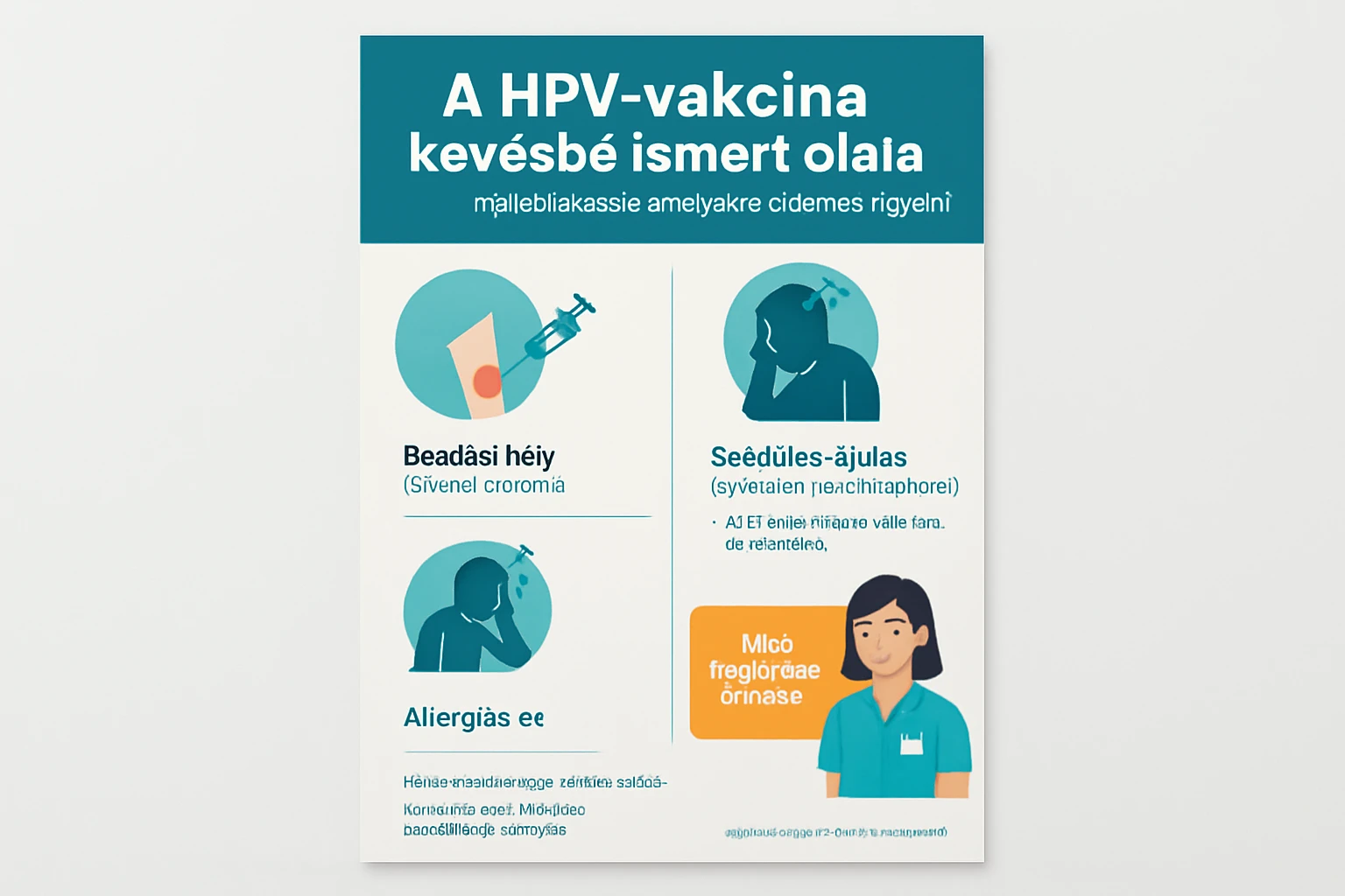 A HPV-vakcina kevésbé ismert oldala: mellékhatások, amelyekre érdemes figyelni 2 HPV-vakcina mellékhatásait bemutató infografika, injekciós tűvel és szimbolikus ábrázolásokkal.
