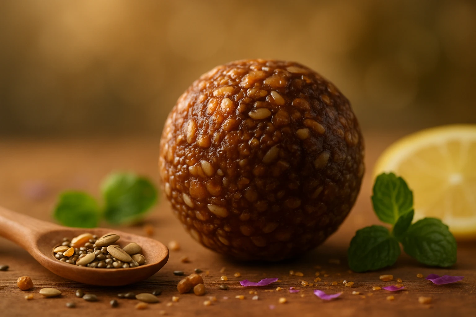 Egy ízletes, diós golyó, mellette fűszernövények és citromszelet.