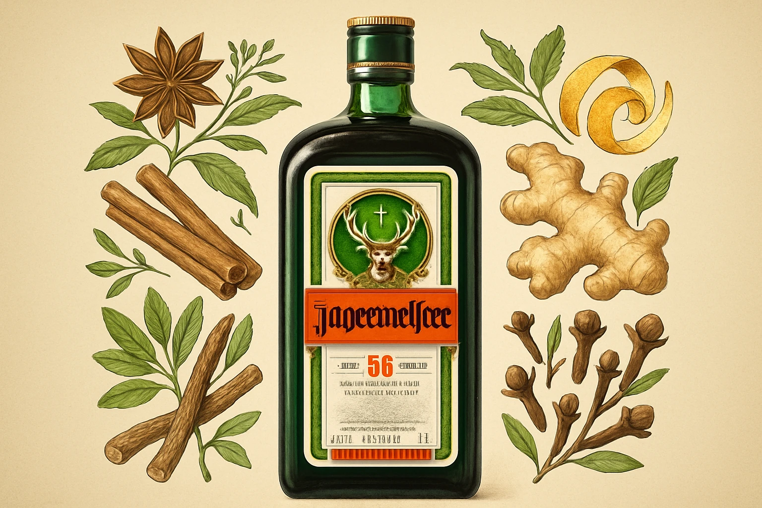 Egy zöld üveg Jägermeister palack, körülötte gyógynövények és fűszerek, mint a fahéj és a gyömbér.