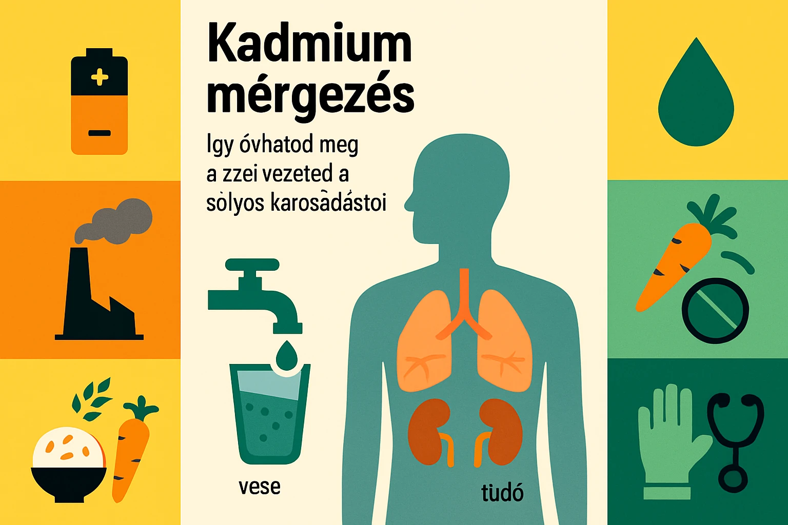 Kép a kadmium mérgezésről, egészségügyi hatásokkal és megelőzési tippekkel.