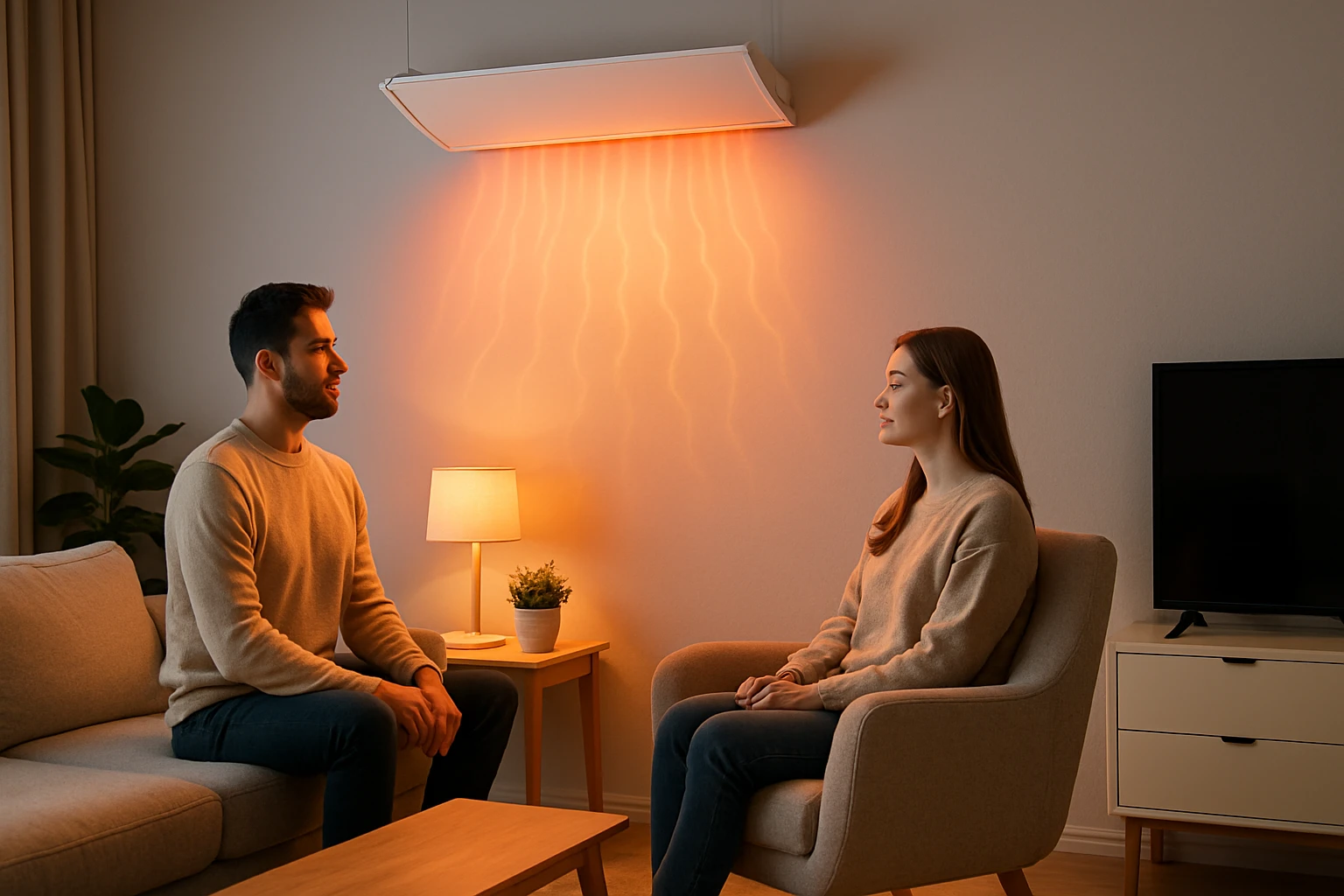 Infrafűtés – előnyök, hátrányok és vásárlási tanácsok 8 Két ember ül egy világítással berendezett szobában, beszélgetnek.