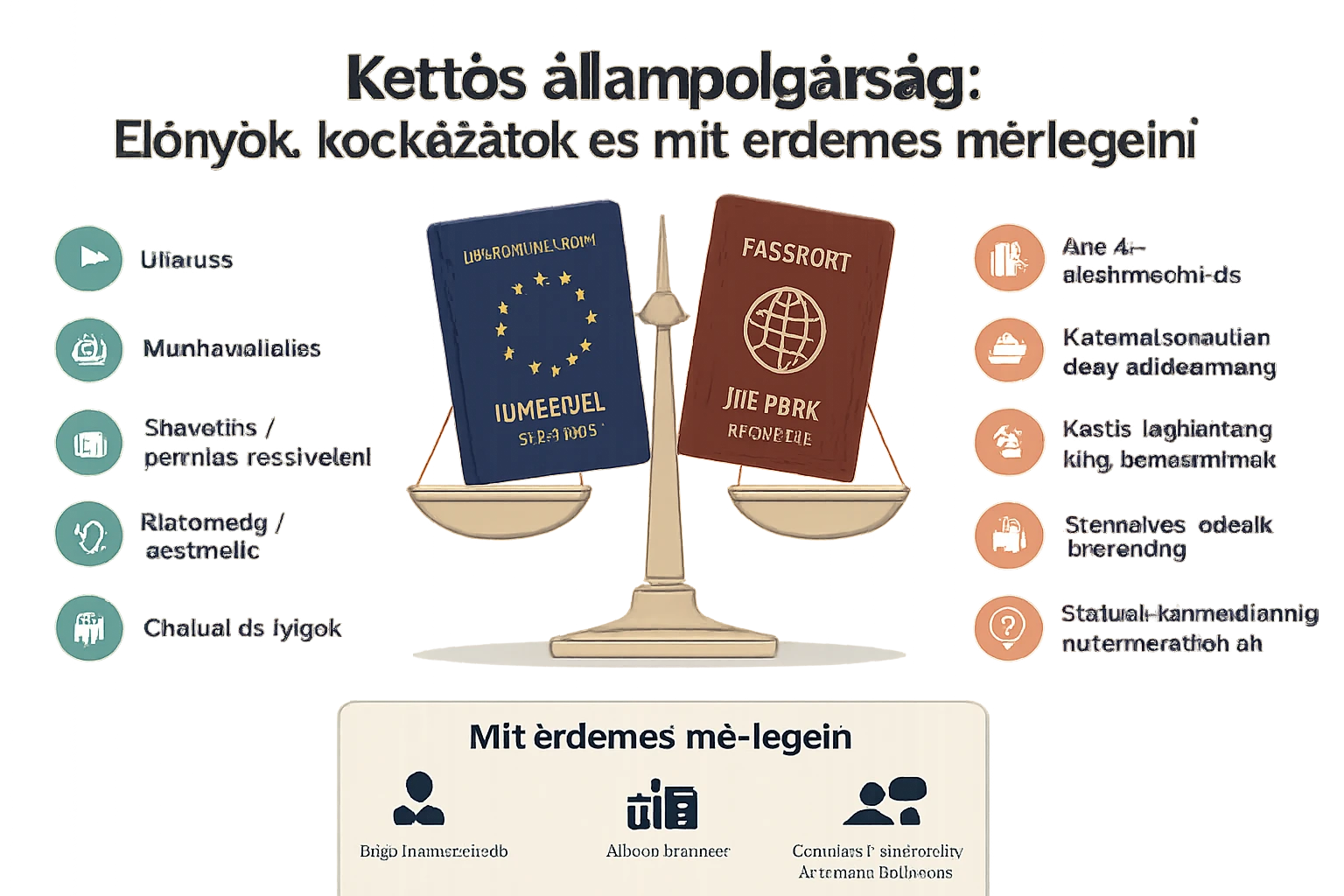 Két útlevél egy mérlegen, a kettős állampolgárság előnyeit és kockázatait bemutató grafika.