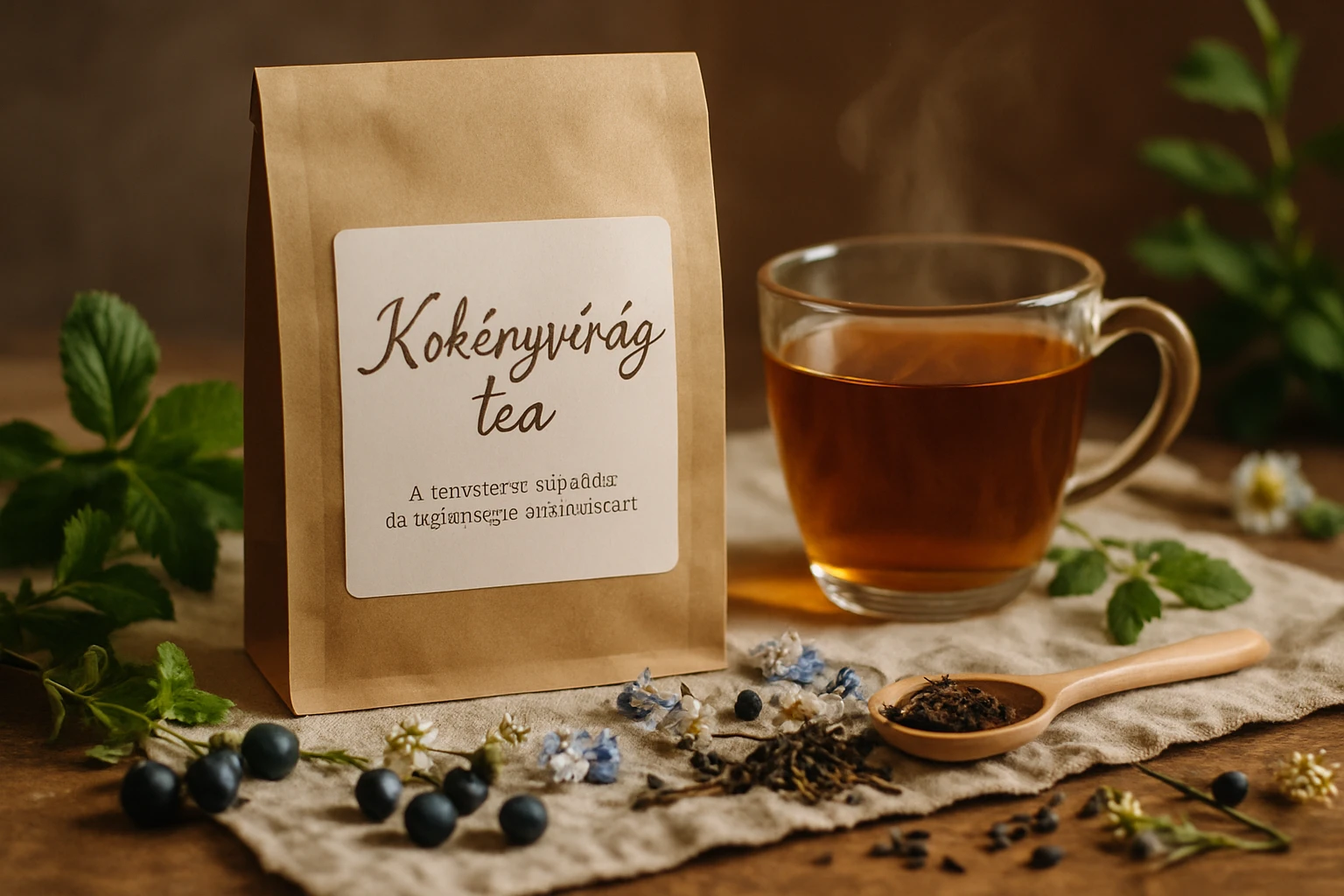 Kökényvirág tea csomagolása, mellette egy csésze tea és gyógynövények.