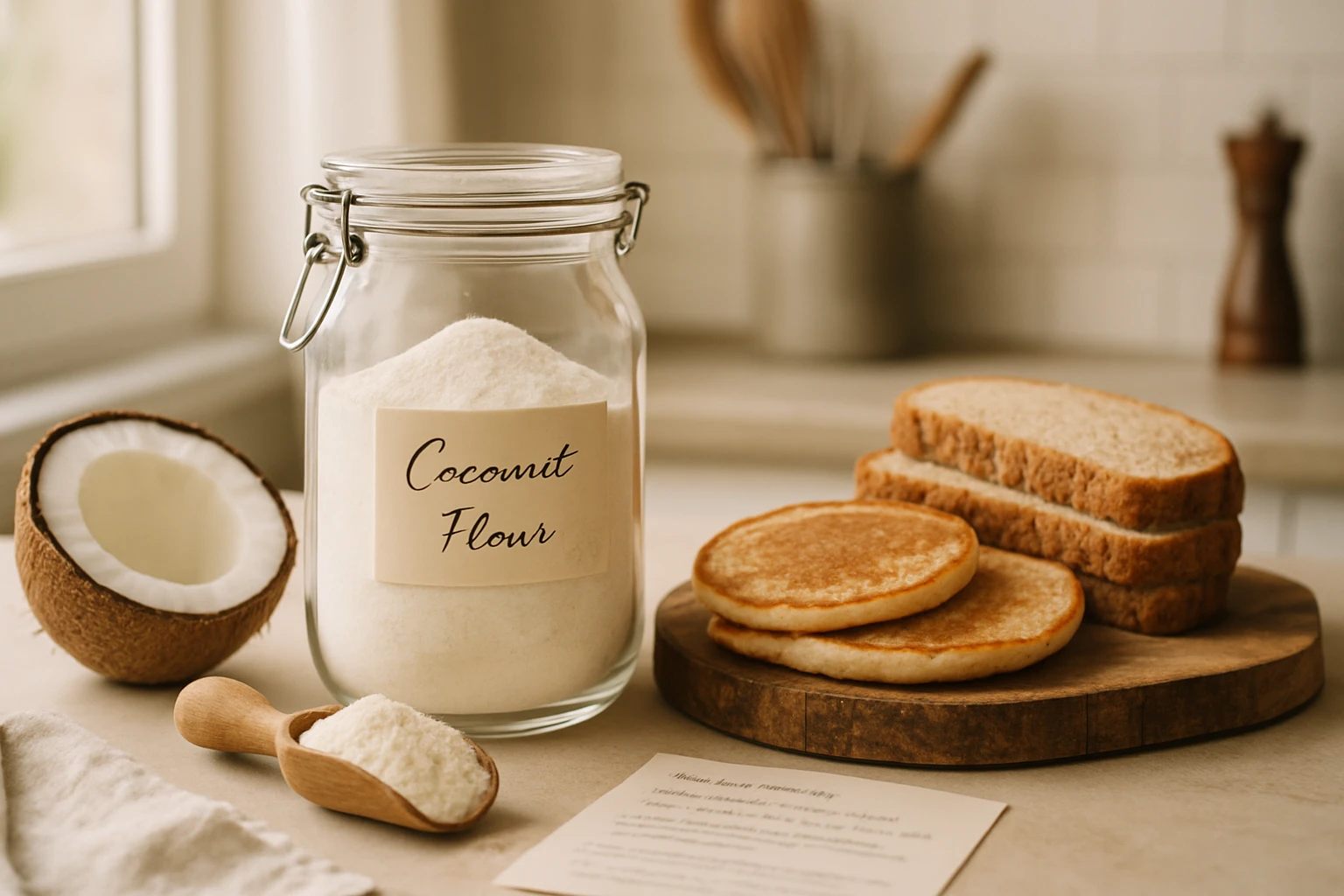 Kókuszliszt – gluténmentes alternatíva a modern konyhában 2 Kókuszliszt üvegben, friss kókuszdió és kenyérszeletek mellett.