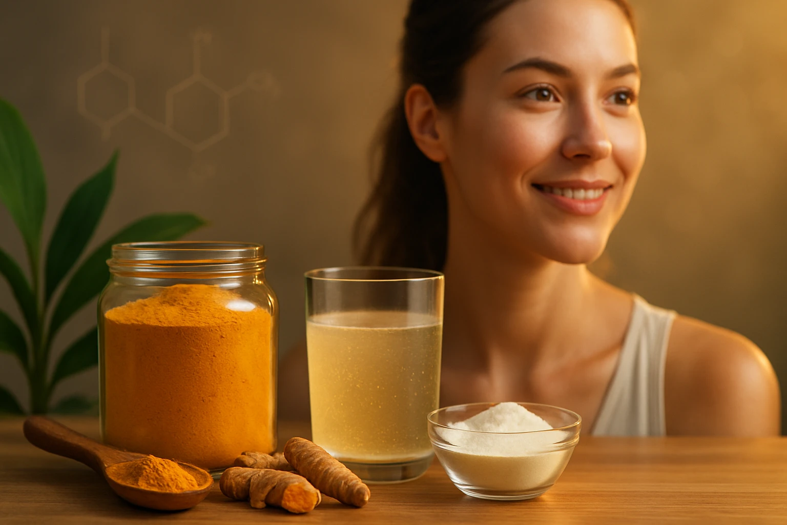 Kurkuma és kollagén – a fiatalos szervezet titkos kombinációja 6 Egy fiatal nő mosolyog, mellette kurkuma por, gyökerek és ital.