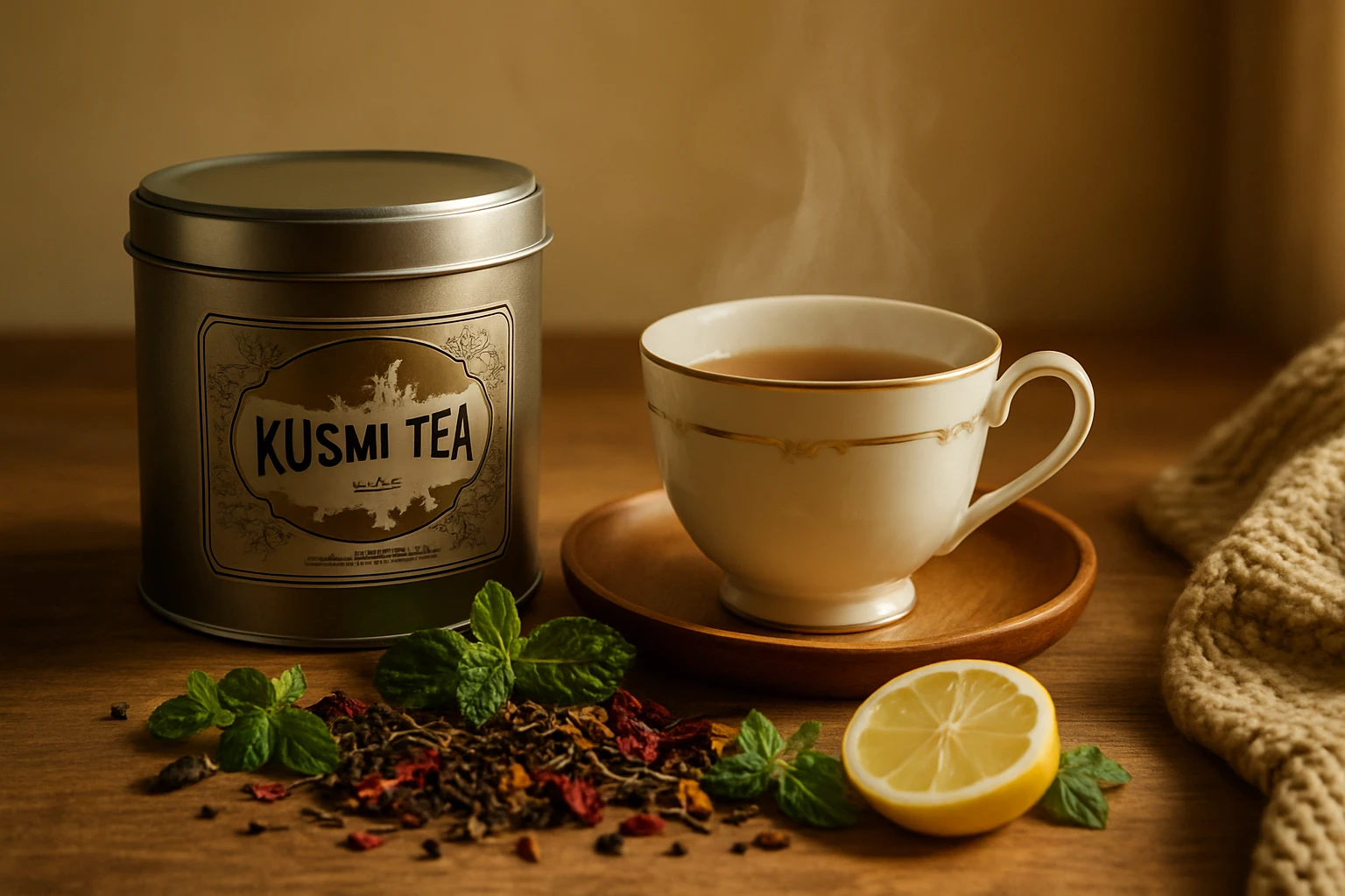 Kusmi tea – finom út az egészséghez és kikapcsolódáshoz 4 Egy csésze gőzölgő tea, Kusmi Tea doboz, citrom és menta levelek.
