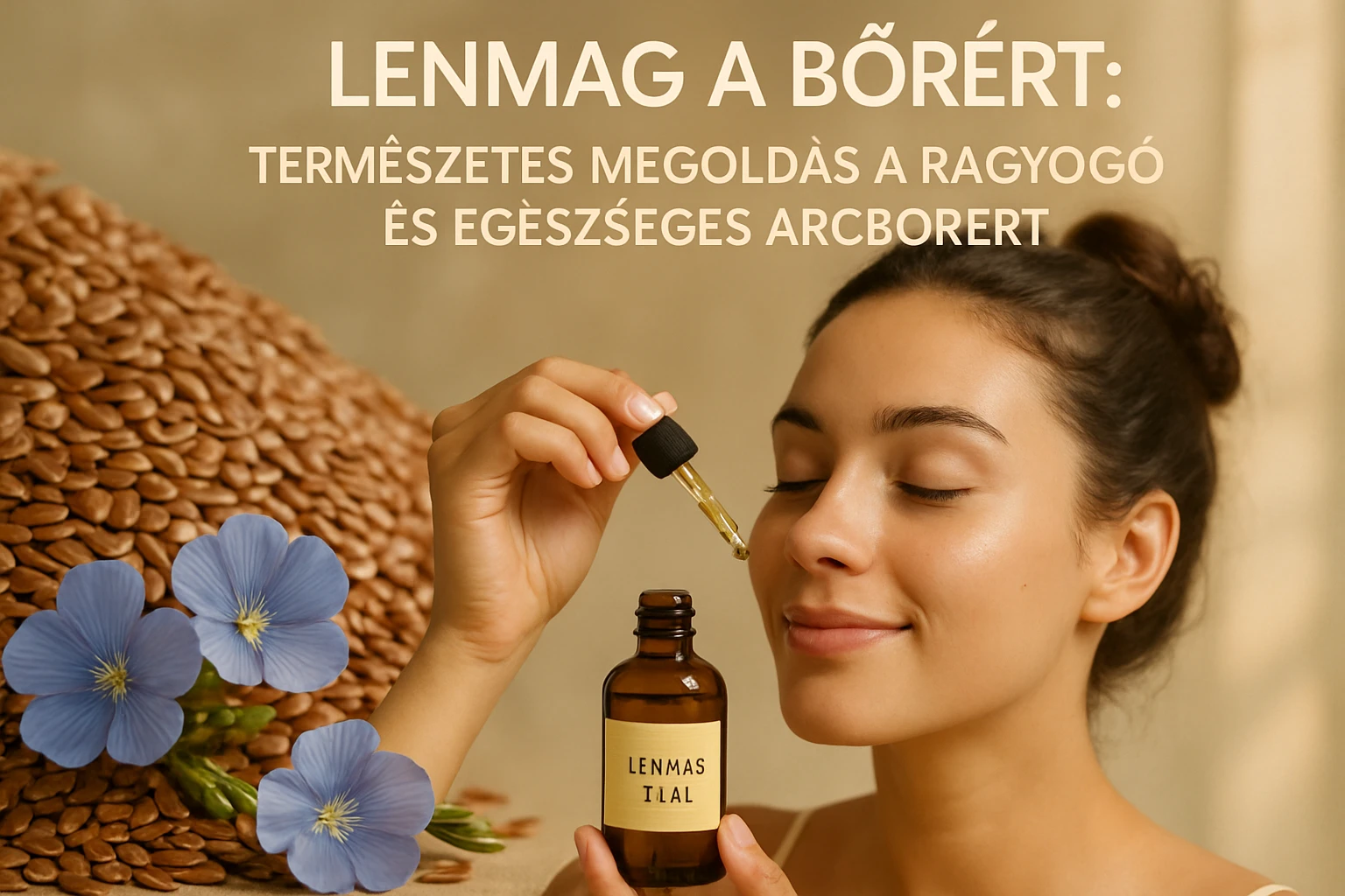 Egy nő lenmagolajat csepegtet az arcára, miközben lenmag és virágok láthatók a háttérben.