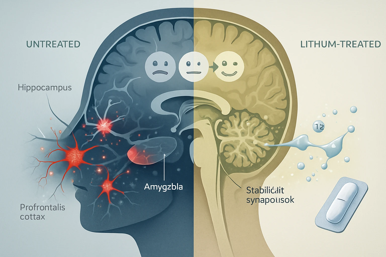 Az agy két féltekéje, bal oldalon kezeletlen állapot, jobb oldalon lítiummal kezelt állapot látható.