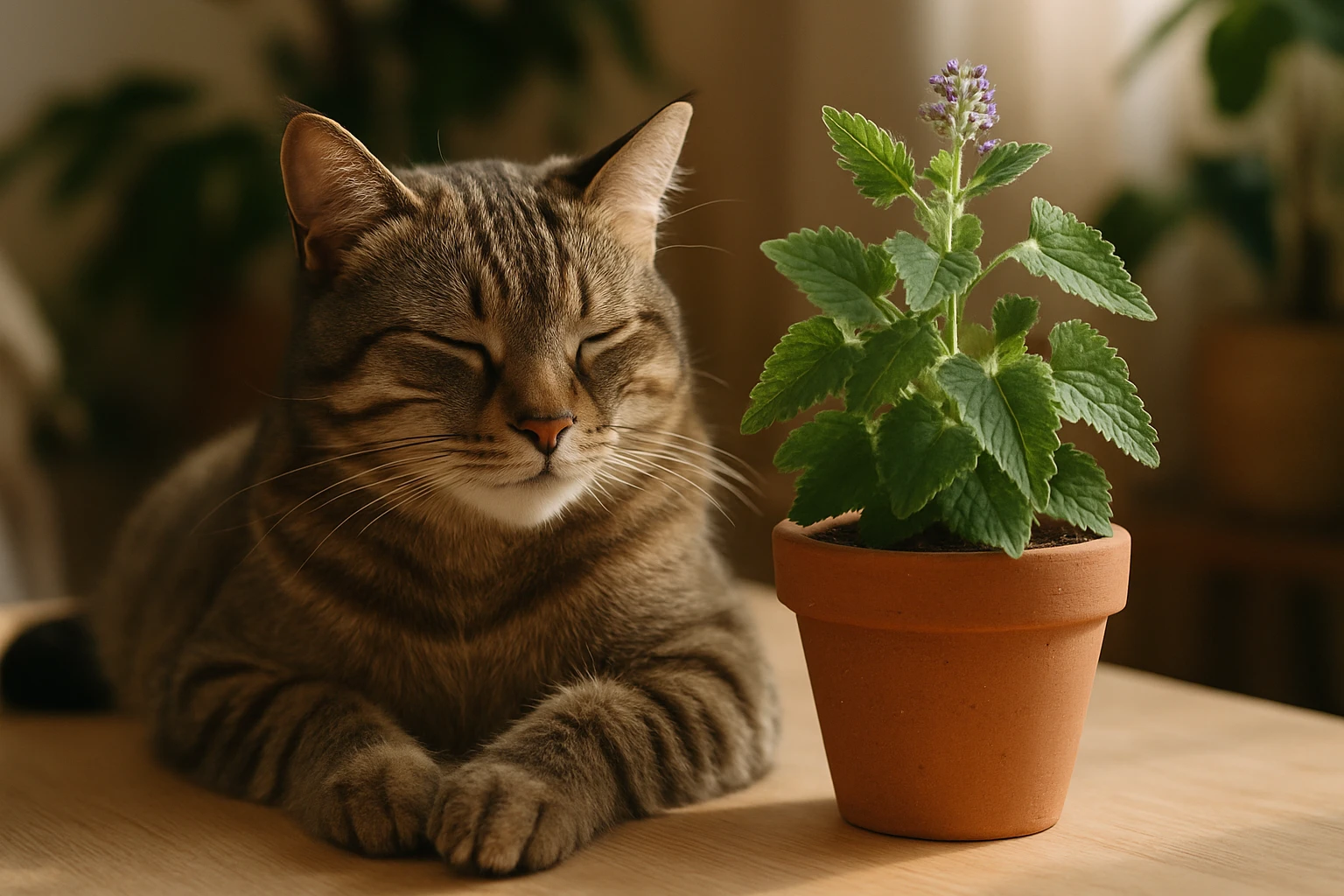 Egy szürke csíkos macska pihen egy virágcserép mellett, amelyben macskamenta nő.