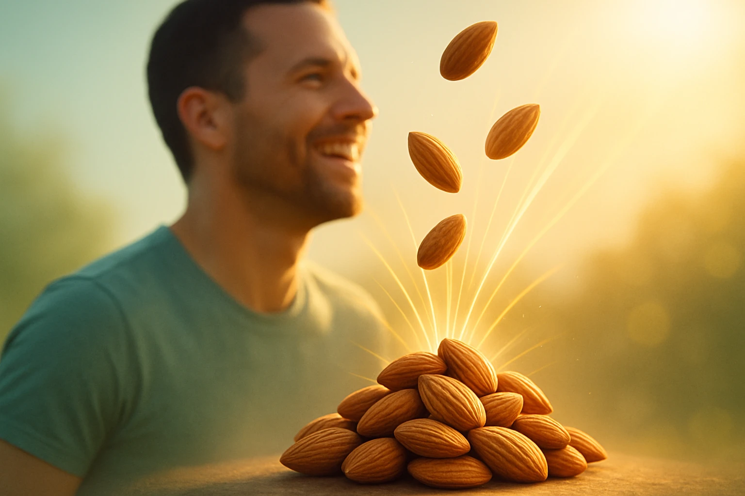 Mandula ereje: Egészséges energialöket a mindennapokra 6 Egy mosolygó férfi mellett mandulák lebegnek a levegőben, napfényben.