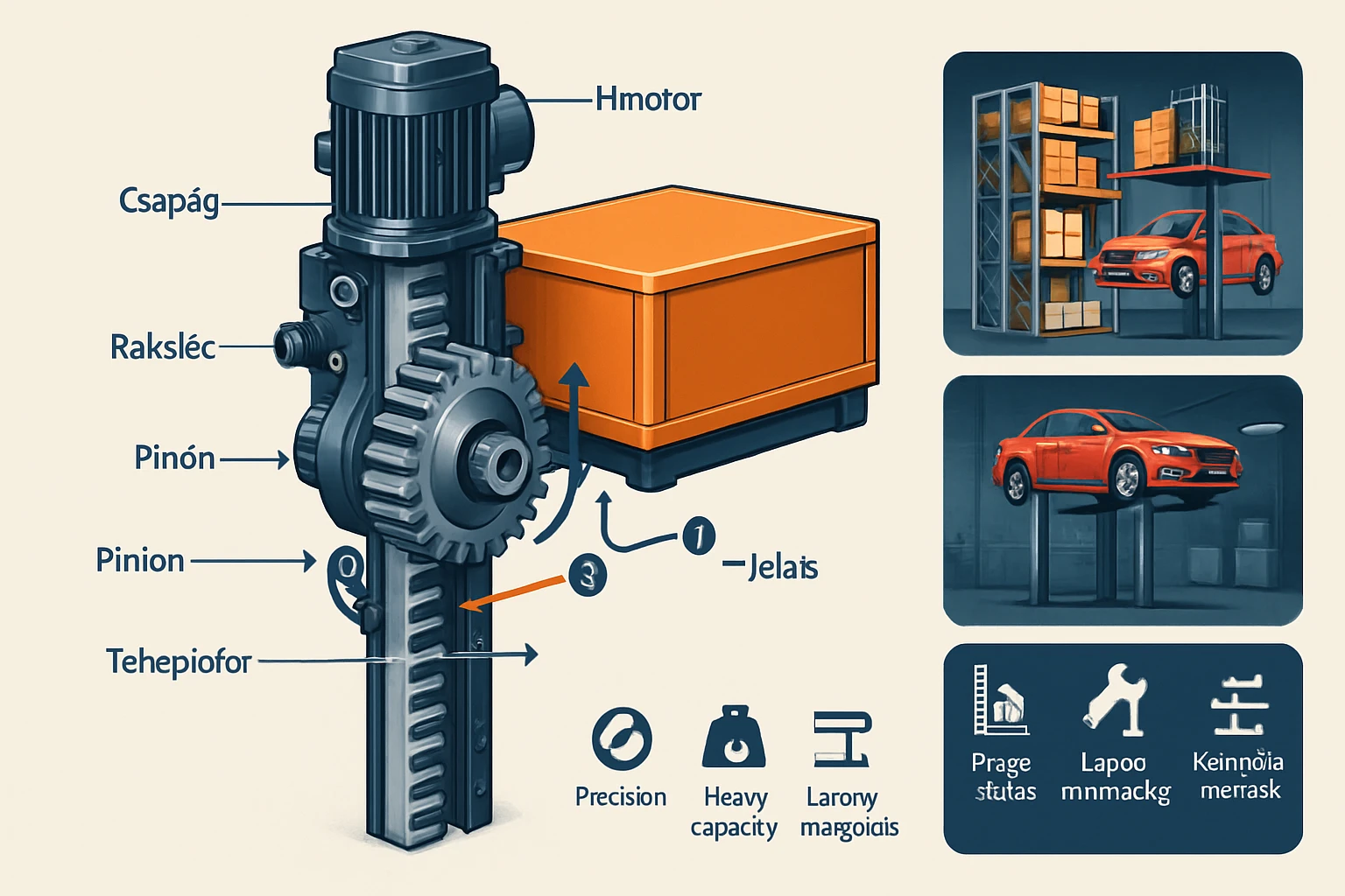 Fogasléces emelő: Működési elv, előnyök és ipari alkalmazások 6 Egy mechanikai szerkezet, amely tartalmazza a motor, csapág, raksléc és pinion elemeket.