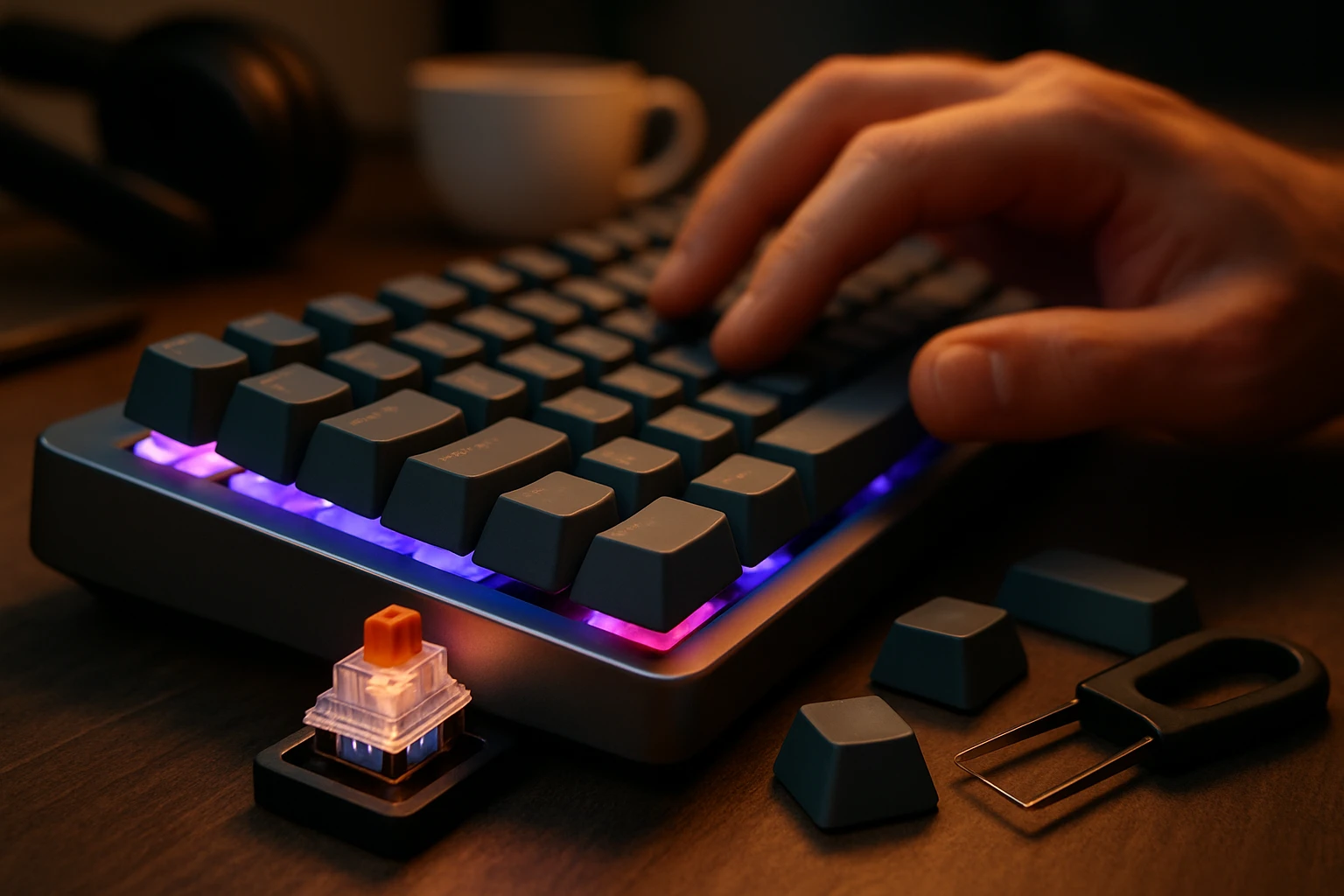 Egy kéz gépel egy háttérvilágítással rendelkező mechanikus billentyűzeten.