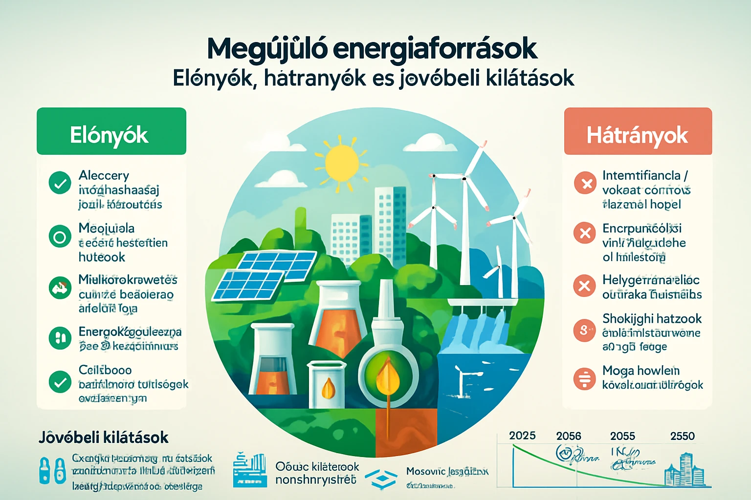 Megújuló energiaforrásokat bemutató grafika, előnyökkel és hátrányokkal.