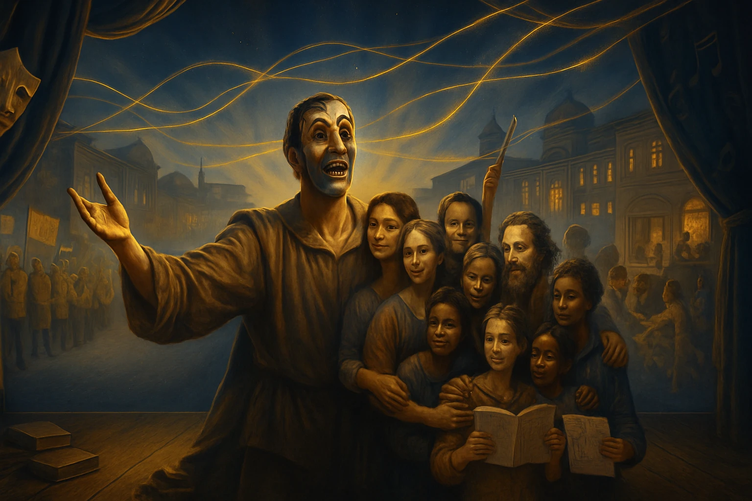 Egy színpadon álló színész, aki mesél, körülötte gyerekek és felnőttek figyelnek rá.