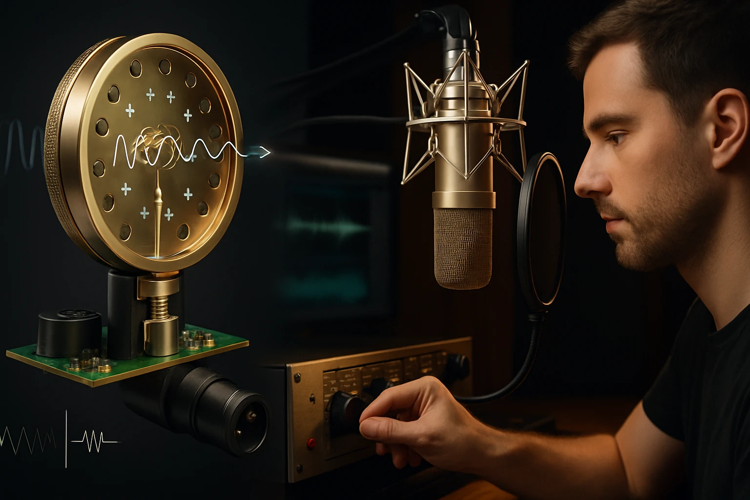 Kondenzátormikrofon – hogyan működik, és miért szeretik a hangmérnökök 2 Egy férfi egy mikrofon előtt áll, kezében egy hangszabályzó gombot állít.