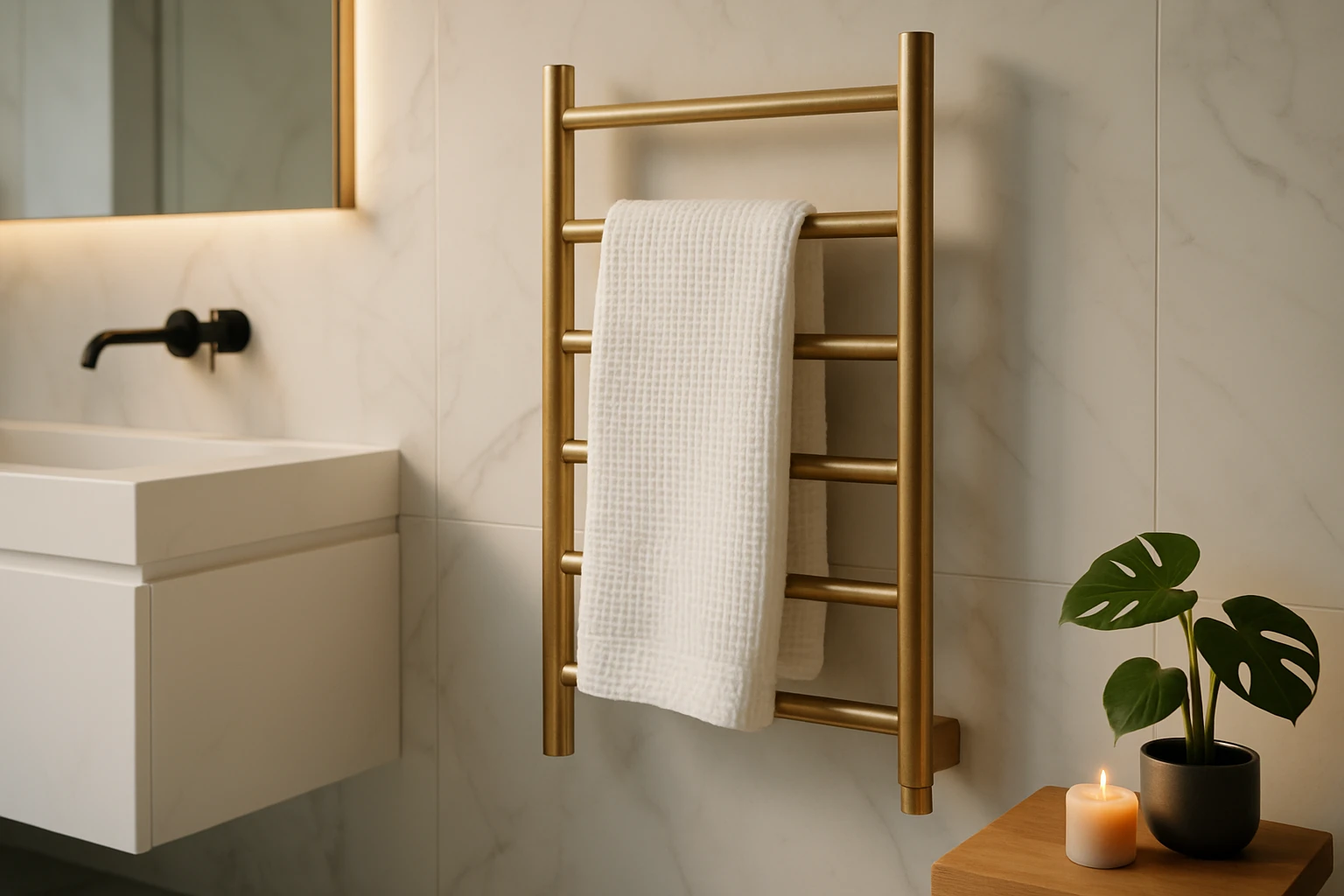 Arany színű törölközőtartó, fehér törölközővel, modern fürdőszobai környezetben.