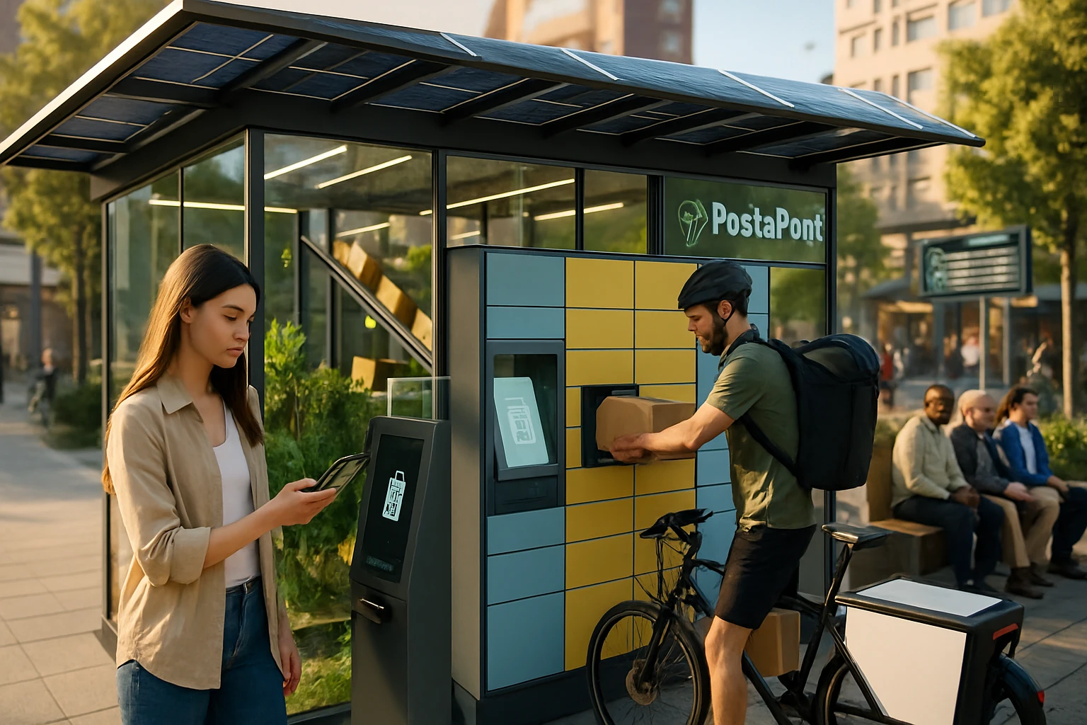 Hogyan alakítja át a PostaPont a csomagküldés és -átvétel jövőjét? 8 Egy nő mobiltelefonját nézi, míg egy férfi csomagot helyez el egy automatában.