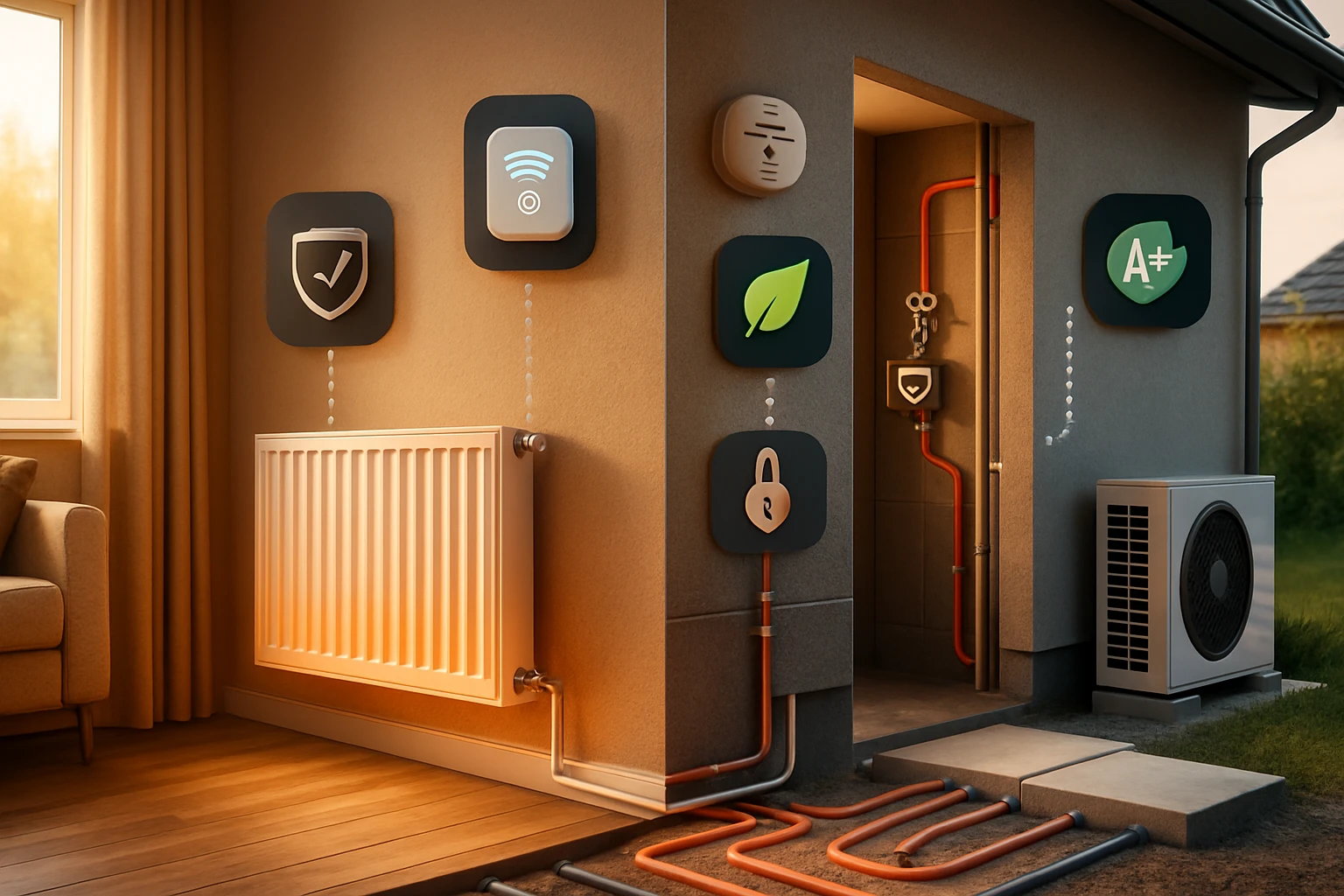 Hőközlők – hogyan óvják otthonod biztonságát és energiatakarékosságát 2 Egy modern otthon fűtési rendszere, falra szerelt ikonokkal, mint a biztonság és energiahatékonyság.