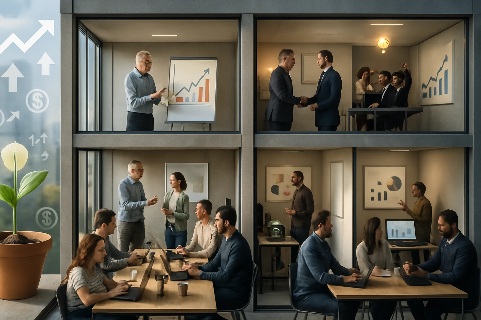 Inkubátorházak – hogyan segítik a vállalkozások növekedését 6 Két szinten elhelyezkedő modern irodai környezet, ahol emberek dolgoznak és tárgyalnak.