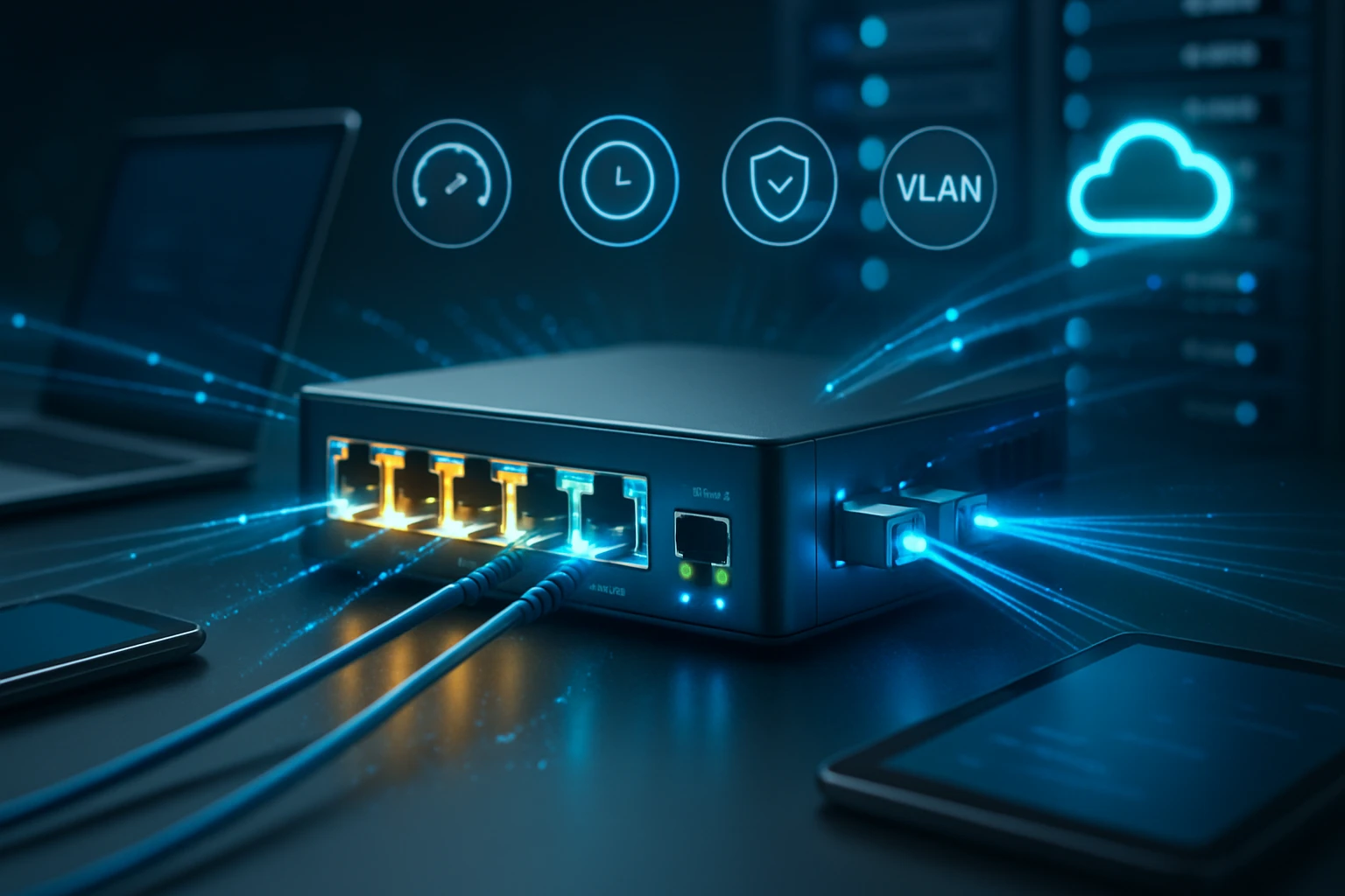 Hálózati hub – miért nélkülözhetetlen a digitális kommunikációban 6 Egy modern router, amelyhez több kábel csatlakozik, háttérben számítógépekkel.