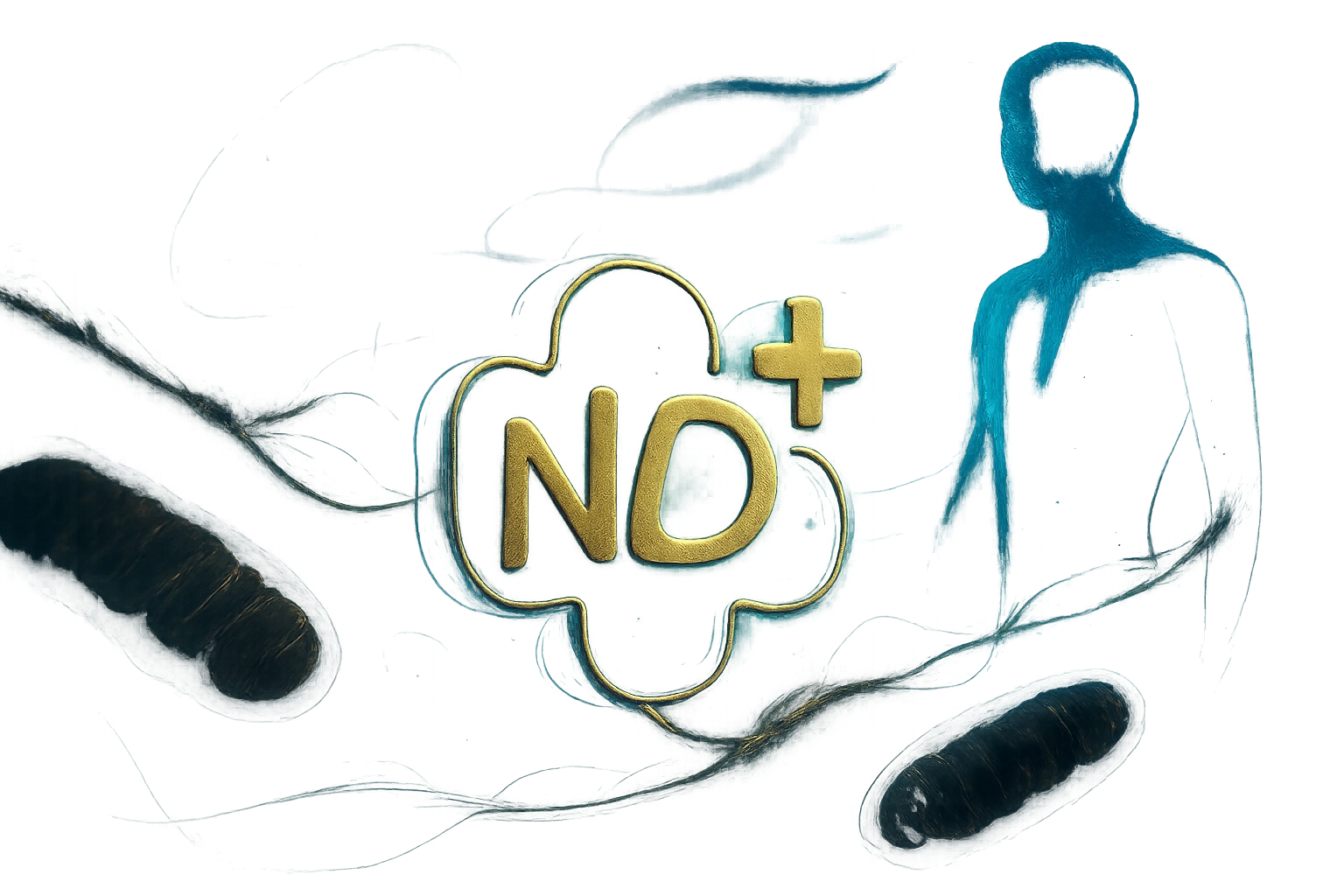 NAD+: A sejtszintű energia és vitalitás titkos kulcsa 35 Egy arany színű 'NO+' felirat látható, háttérben mikroszkopikus struktúrákkal.