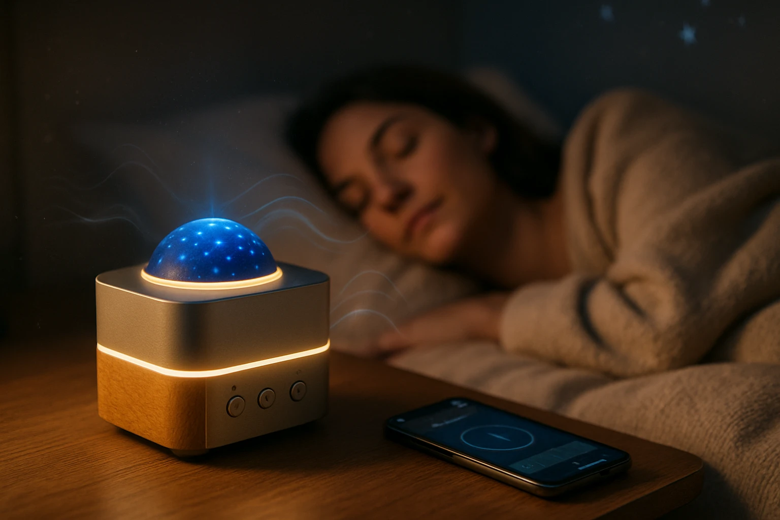 Altatógép és alvás: Így segíthet a pihentető éjszakákban 67 Egy alvó nő mellett egy éjszakai fény és zenelejátszó látható.