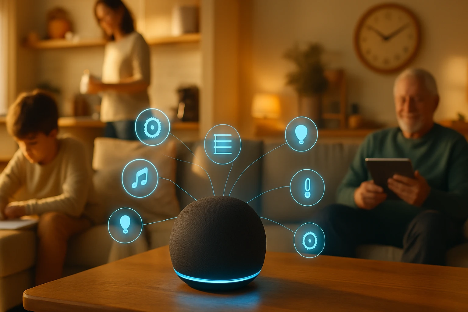 Alexa az otthonodban – így segít a mindennapi rutinban az okosasszisztens 10 Egy okos hangszóró, amely különböző funkciókat jelölő ikonokat mutat.