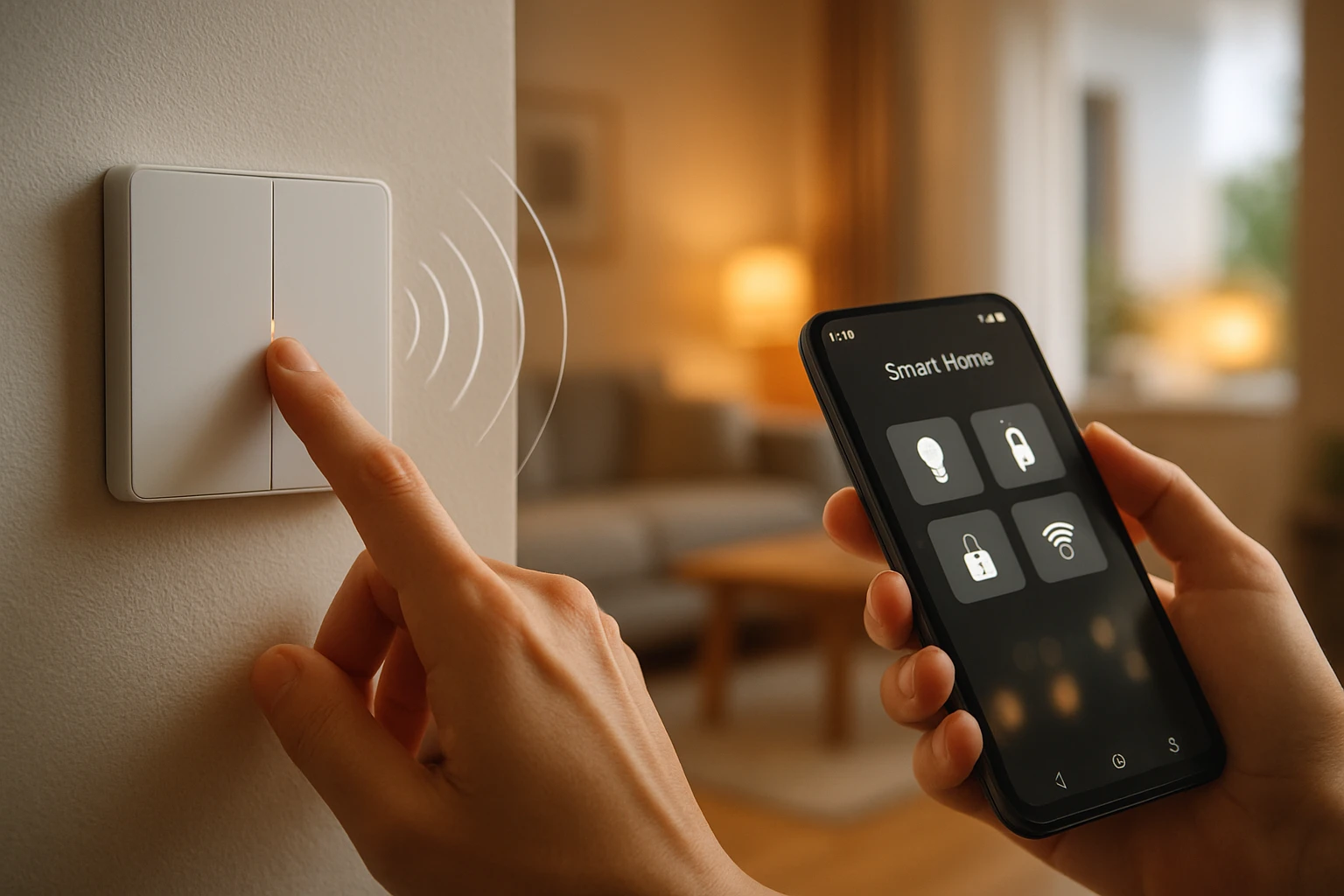 Vezeték nélküli kapcsolók: így teheti valóban intelligenssé otthonát 4 Egy kéz megnyom egy modern, okos kapcsolót, miközben a másik kezében okostelefon van.