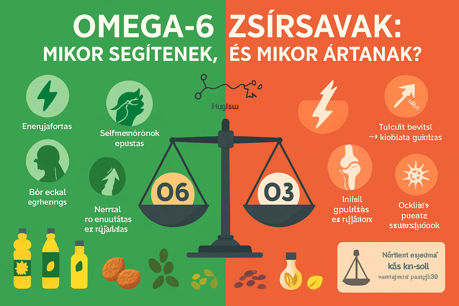Omega-6 zsírsavak: Mikor segítenek, és mikor ártanak? 10 Az omega-6 zsírsavak előnyeit és hátrányait bemutató grafika, mérleggel.