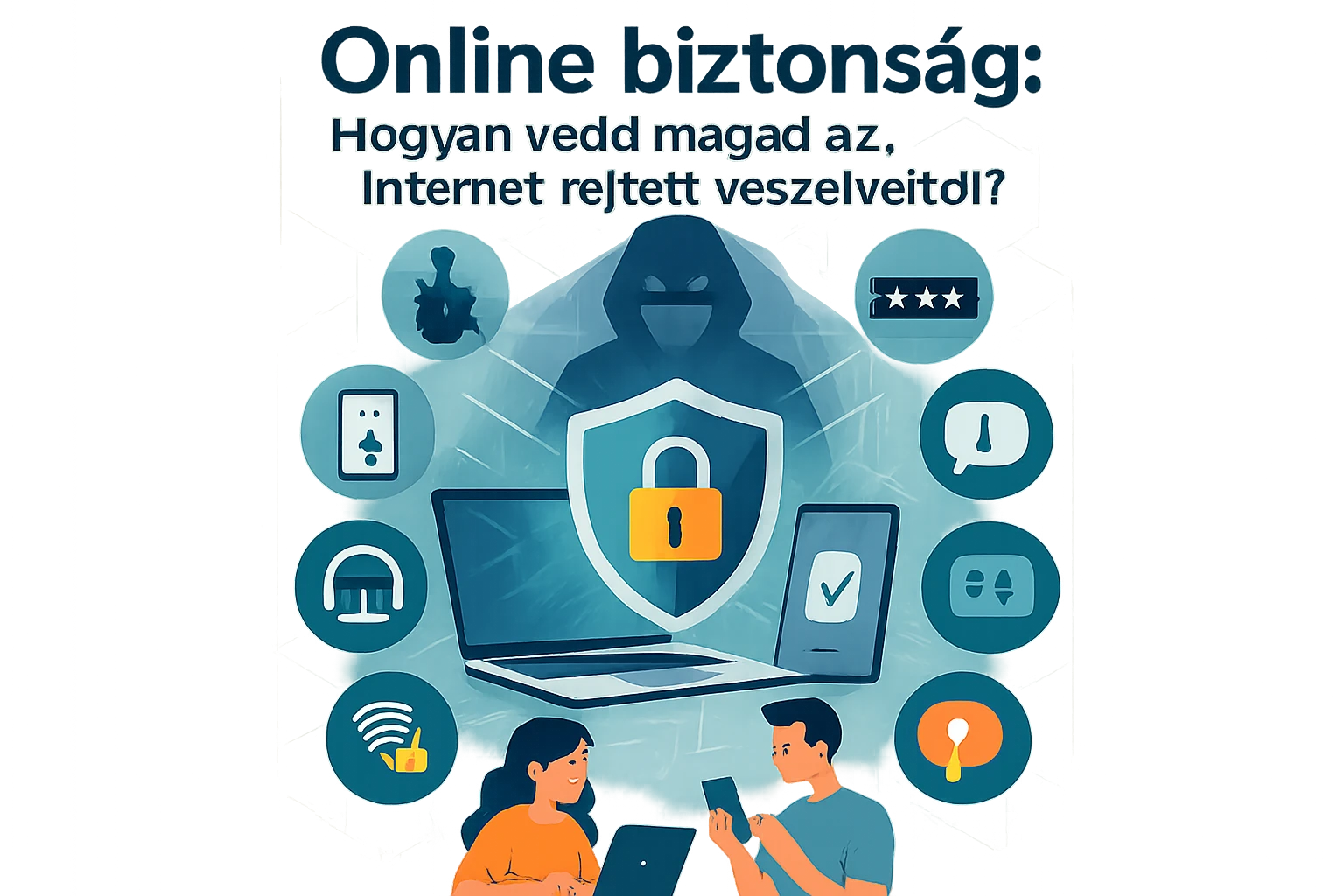 Online biztonság: Hogyan védd magad az internet rejtett veszélyeitől? 10 Két ember, laptop és telefon előtt ülve, online biztonságról beszélgetnek.