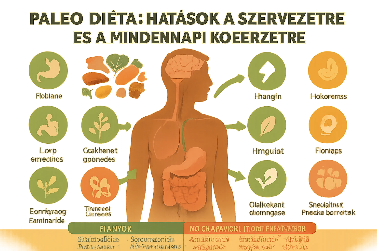 Paleo diéta: milyen hatással van a szervezetre és a mindennapi közérzetre? 6 A paleo diéta hatásait bemutató illusztráció, emberi test és ételek ábrázolásával.