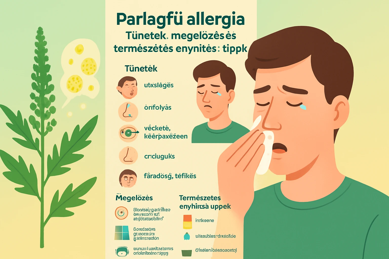 Parlagfű allergia: Tünetek, megelőzés és természetes enyhítési tippek 2 Parlagfű allergia tüneteit bemutató illusztráció, szenvedő férfi arckifejezéssel.