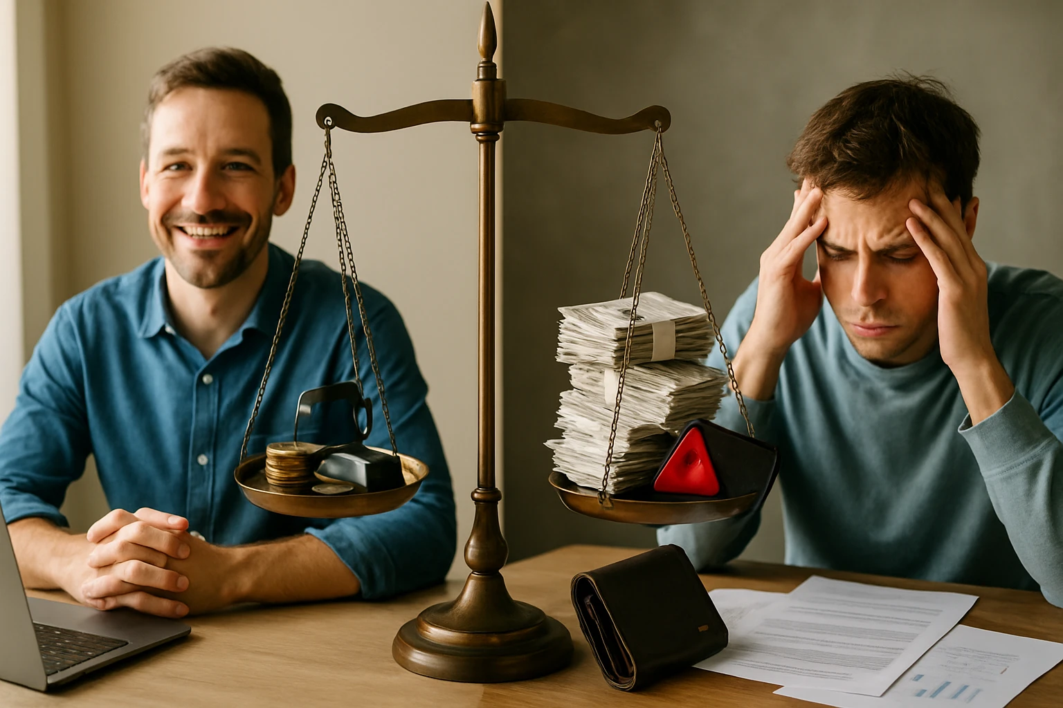 Egyéni vállalkozás indítása – érvek és ellenérvek 4 Két férfi ül egy asztalnál, az egyik mosolyog, a másik stresszes, pénzügyi mérleggel.