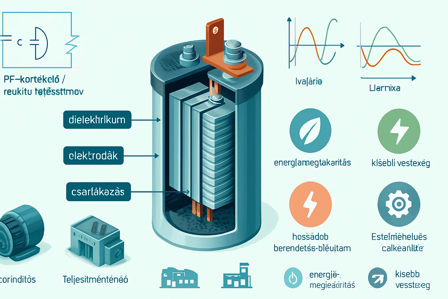 Egy PF-kondenzátor belső felépítése, elektrodák és dielektrikum látható.