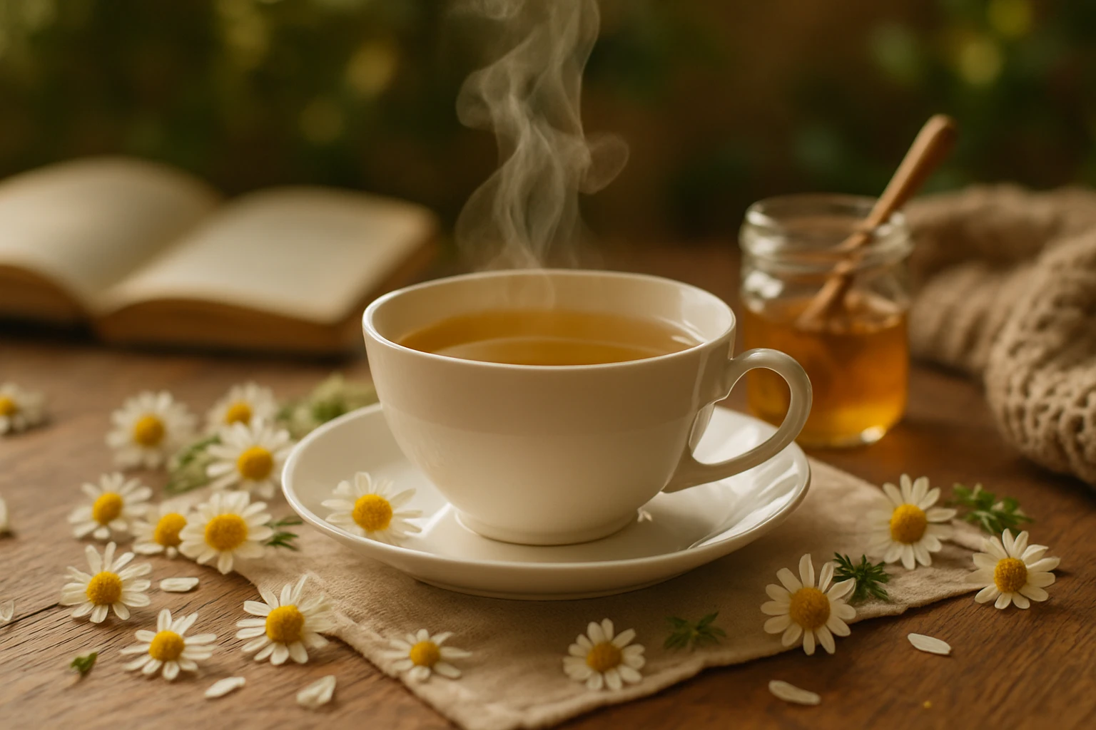 Kamillatea: A nyugalom és egészség természetes forrása 10 Gőzölgő tea egy fehér csészében, virágokkal díszítve, háttérben könyv és méz.