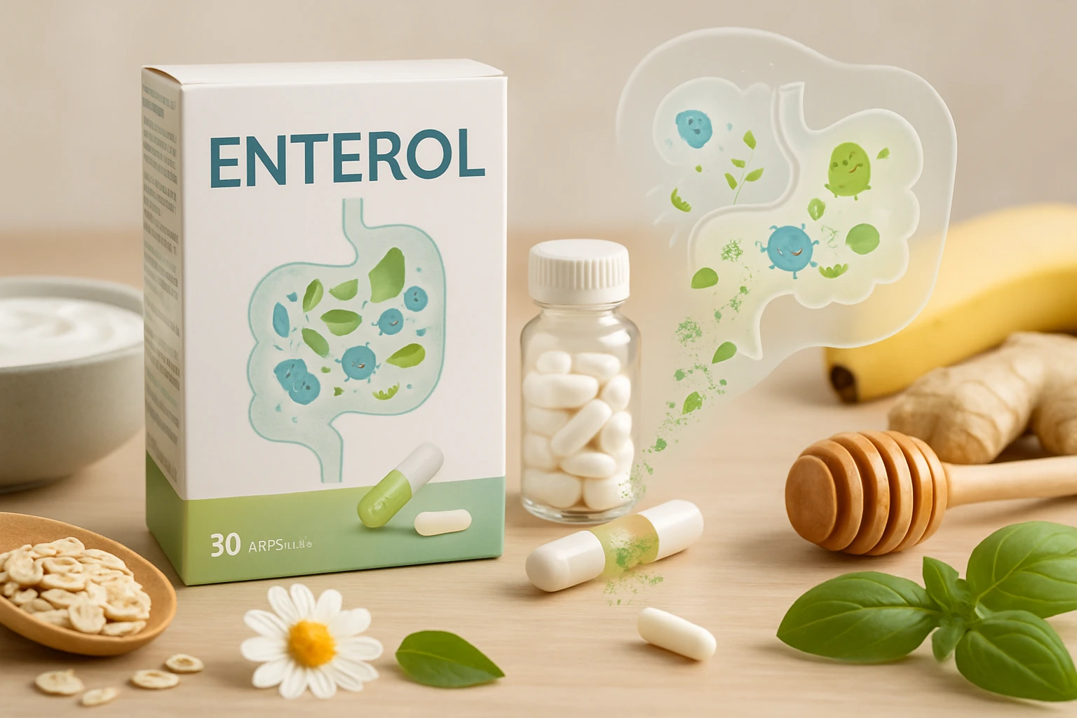 Egy Enterol doboz, probiotikumok és természetes alapanyagok körül.