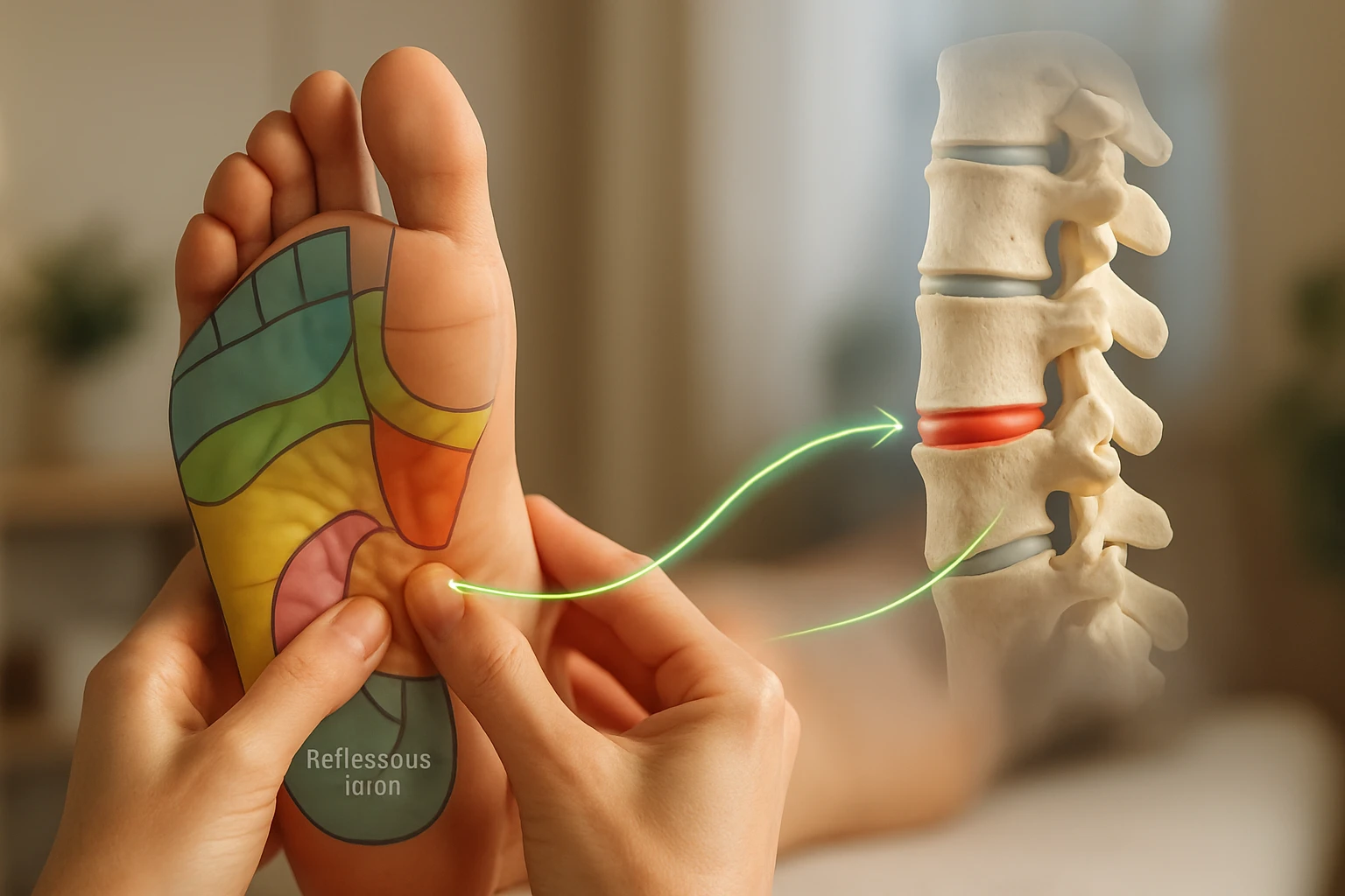 Gerincsérv és reflexológia – hogyan segíthet a talpmasszázs 2 Két kéz masszírozza a színes reflexológiai térképpel ellátott lábfejet.