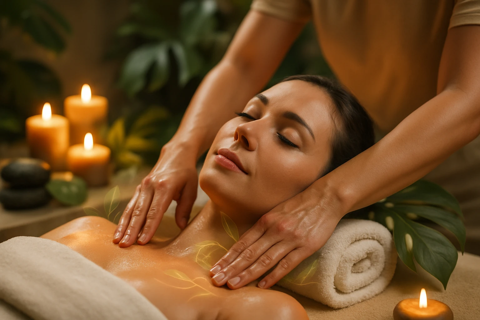 Egy nő relaxál egy masszázs során, gyertyák és növények között.