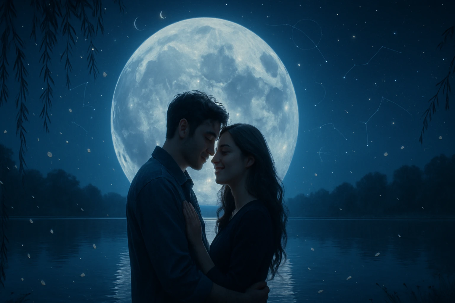 Két fiatal, romantikus pillanatot megélő pár a vízparton, háttérben teliholddal.