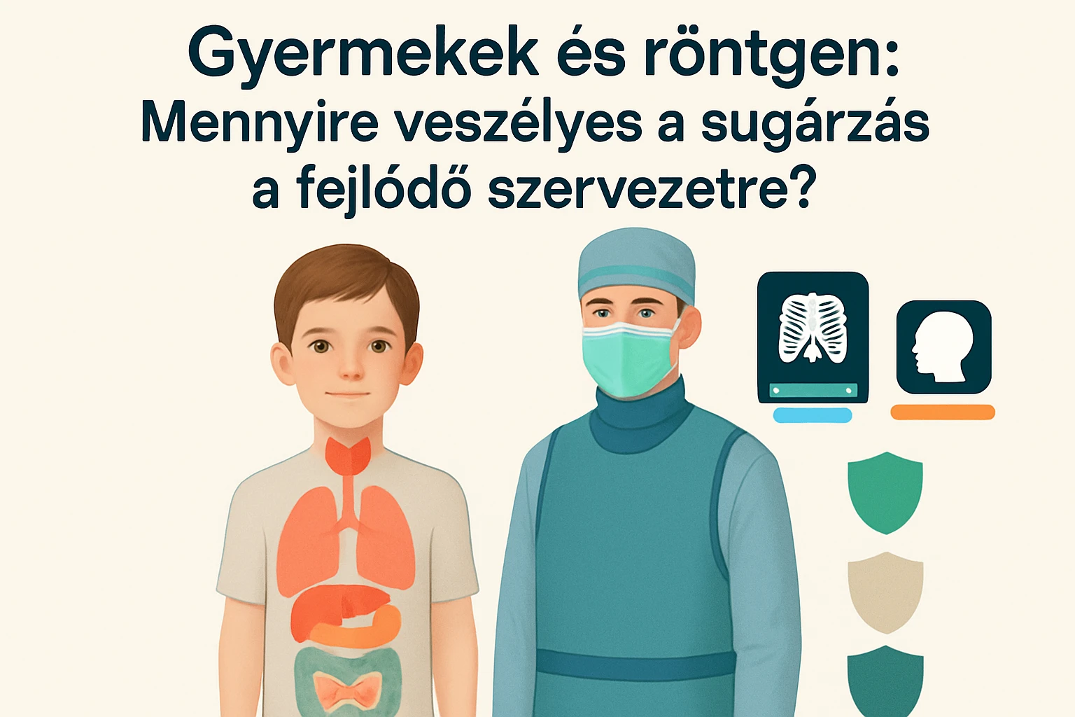 Egy fiú és egy orvos, röntgenfelvételek és védőpajzsok mellett, egészségügyi témában.