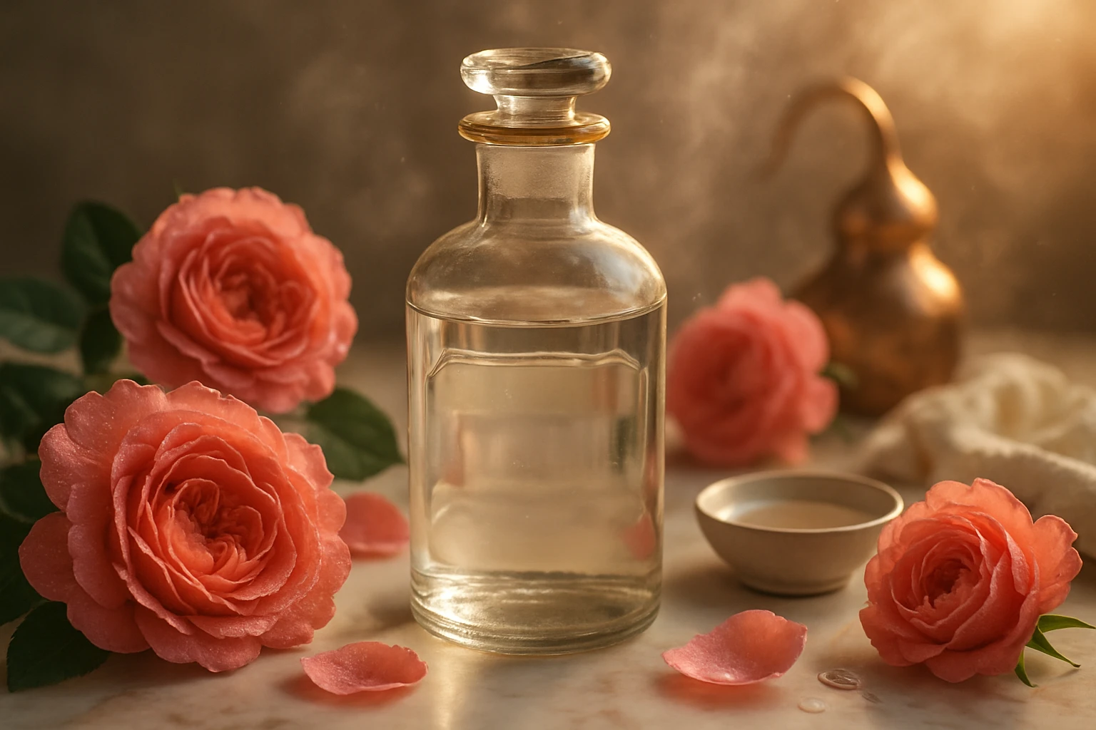 Damaszkuszi rózsavíz: a természetes szépségápolás és egészség megőrzésének titka 2 Egy üveg víz, rózsaszín rózsák és szirmok között, lágy fényben.