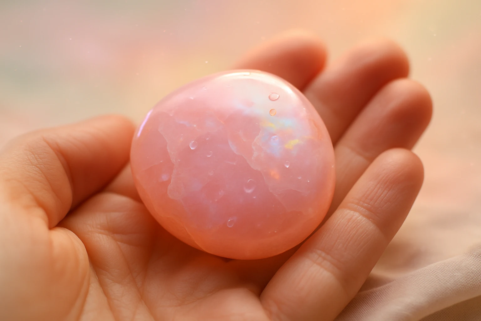 Rózsaszín opál: Segít megtalálni a lelki békéd és egyensúlyod 37 Egy kézben tartott rózsaszín, fényes kő, vízcseppekkel a felszínén.